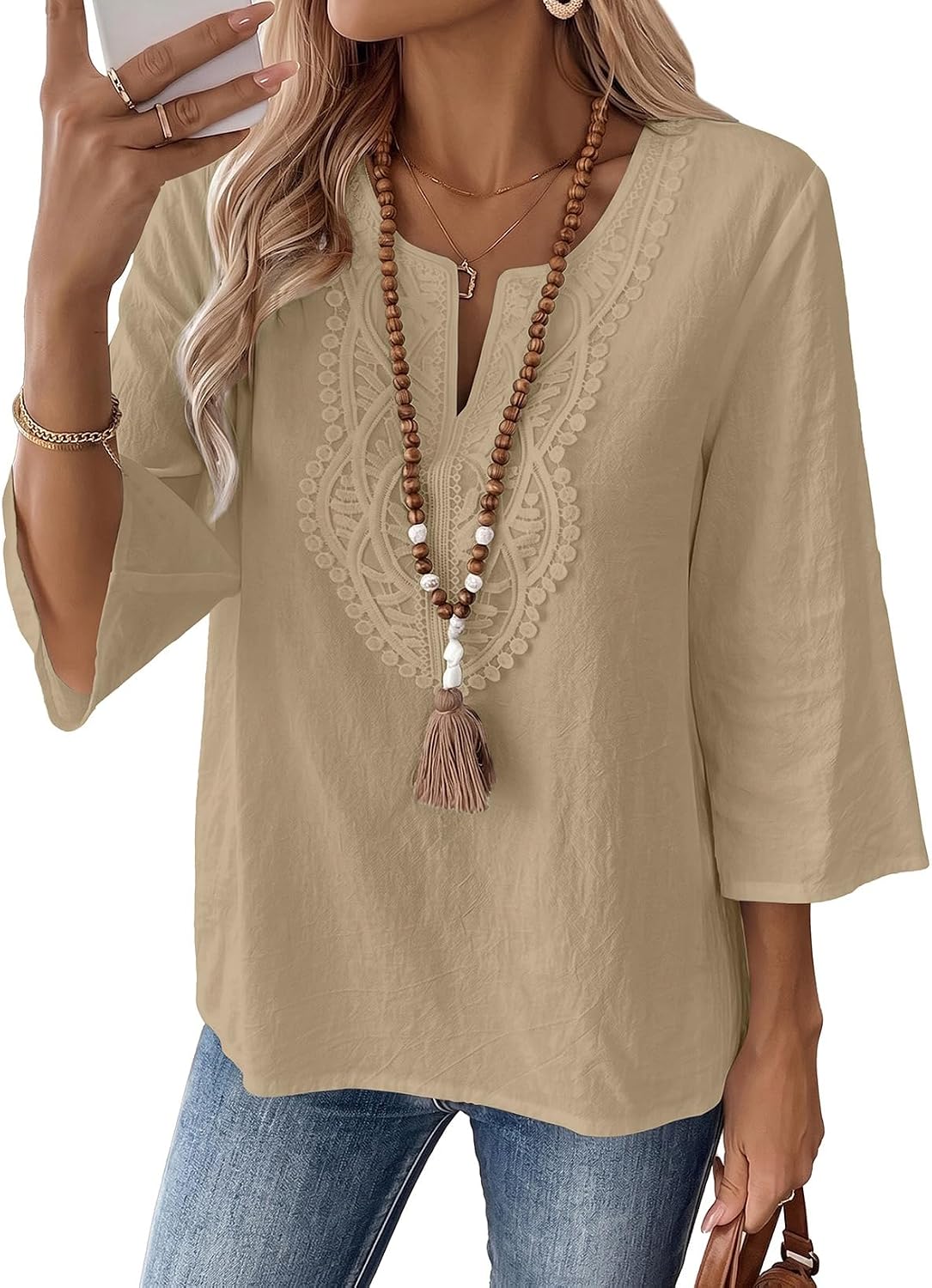 EVALESS Boho Tops for Women V Neck 3/4 Sleeve Embroidered Lace Shirts