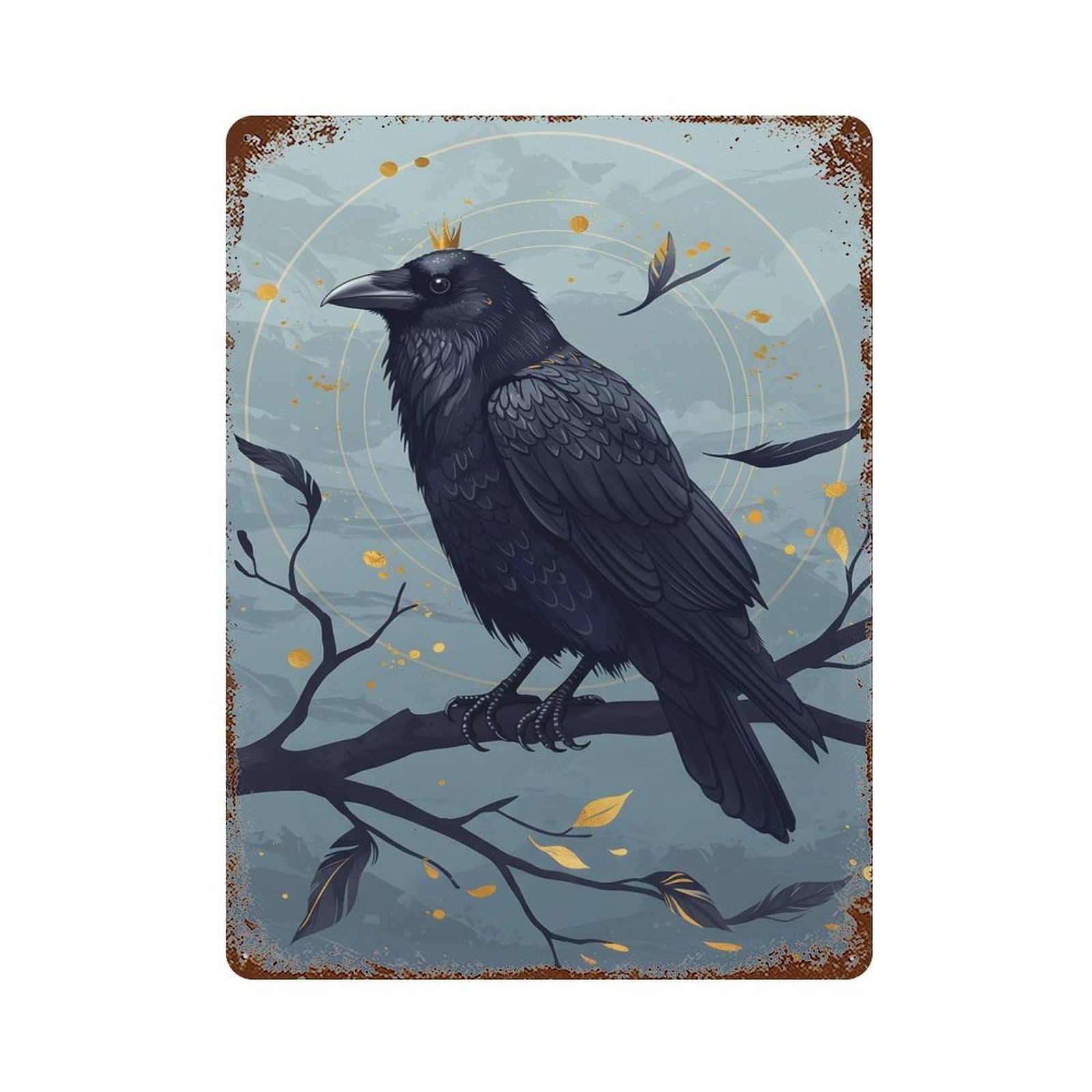 Crowned Raven on Branch Digital Art 15.7"x11.8" Vintage Rust Metal Sign, Shabby Chic Decor for Garage, Bar And Workshop Decor
