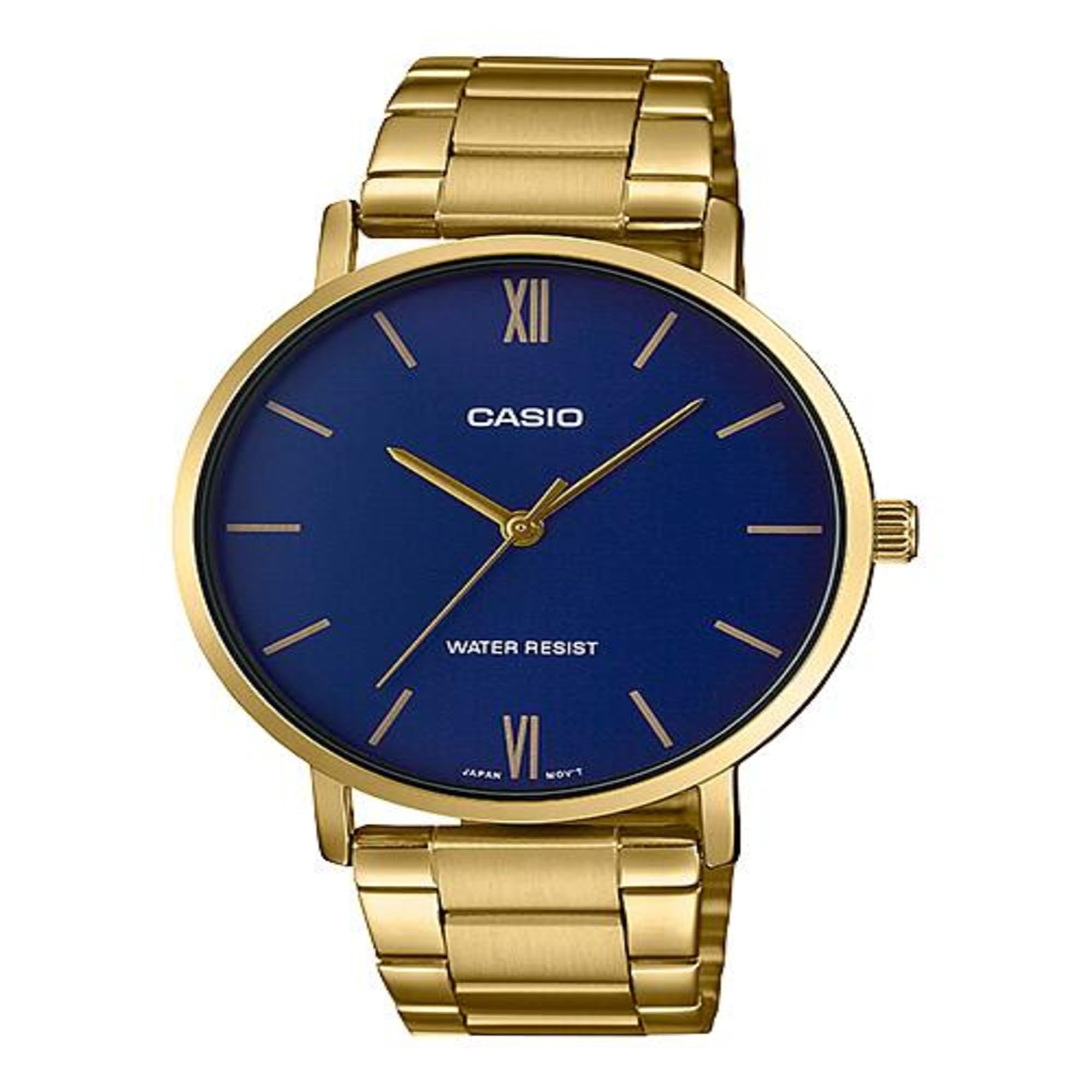 MTP-VT01G-2B Men's Gold Tone Stainless Steel Minimalistic Blue Dial 3-Hand Analog Watch
