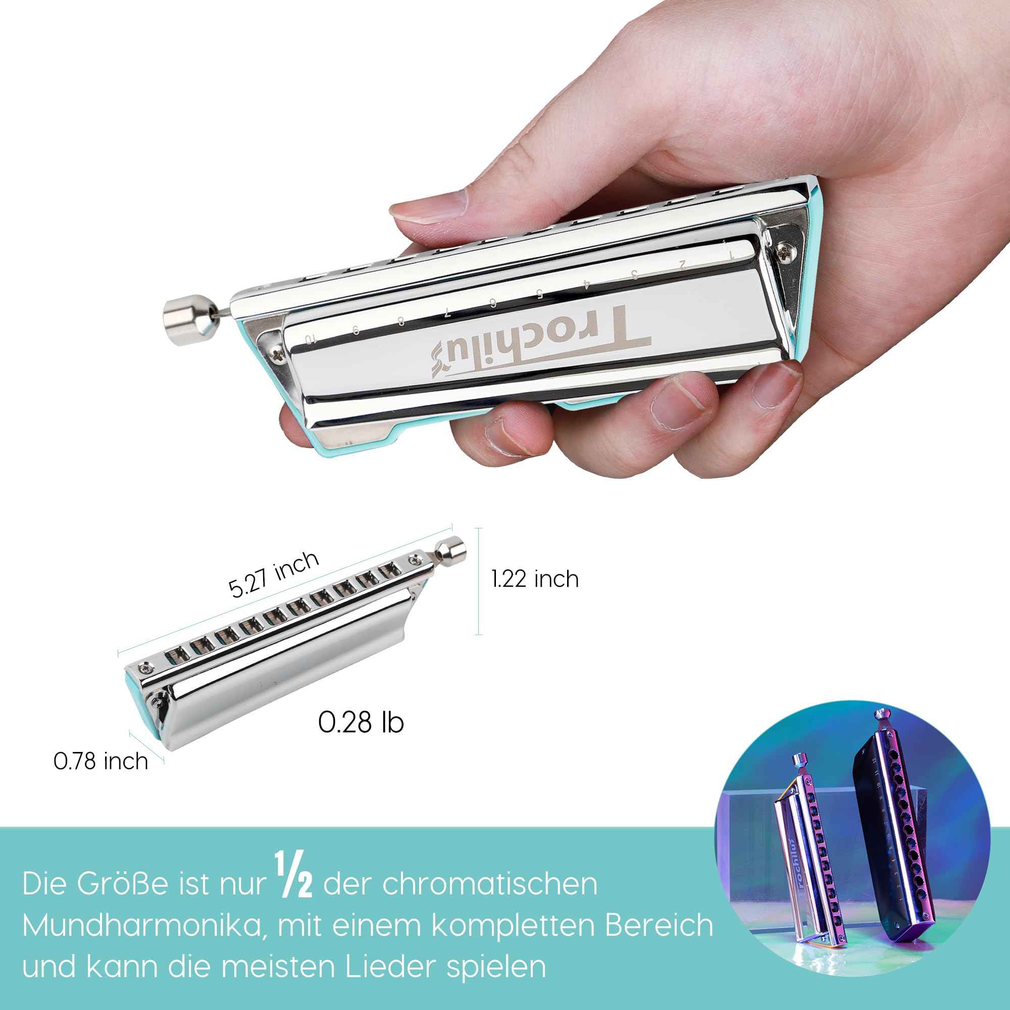 JDR Trochilus 10 Löcher Chromatische Mundharmonika Tonart D Armonica Valveless Harp Mundharmonika mit Etui für Erwachsene Profis Anfänger Kinder Game Changer (Blues/Ritcher Tuning Tonart D)
