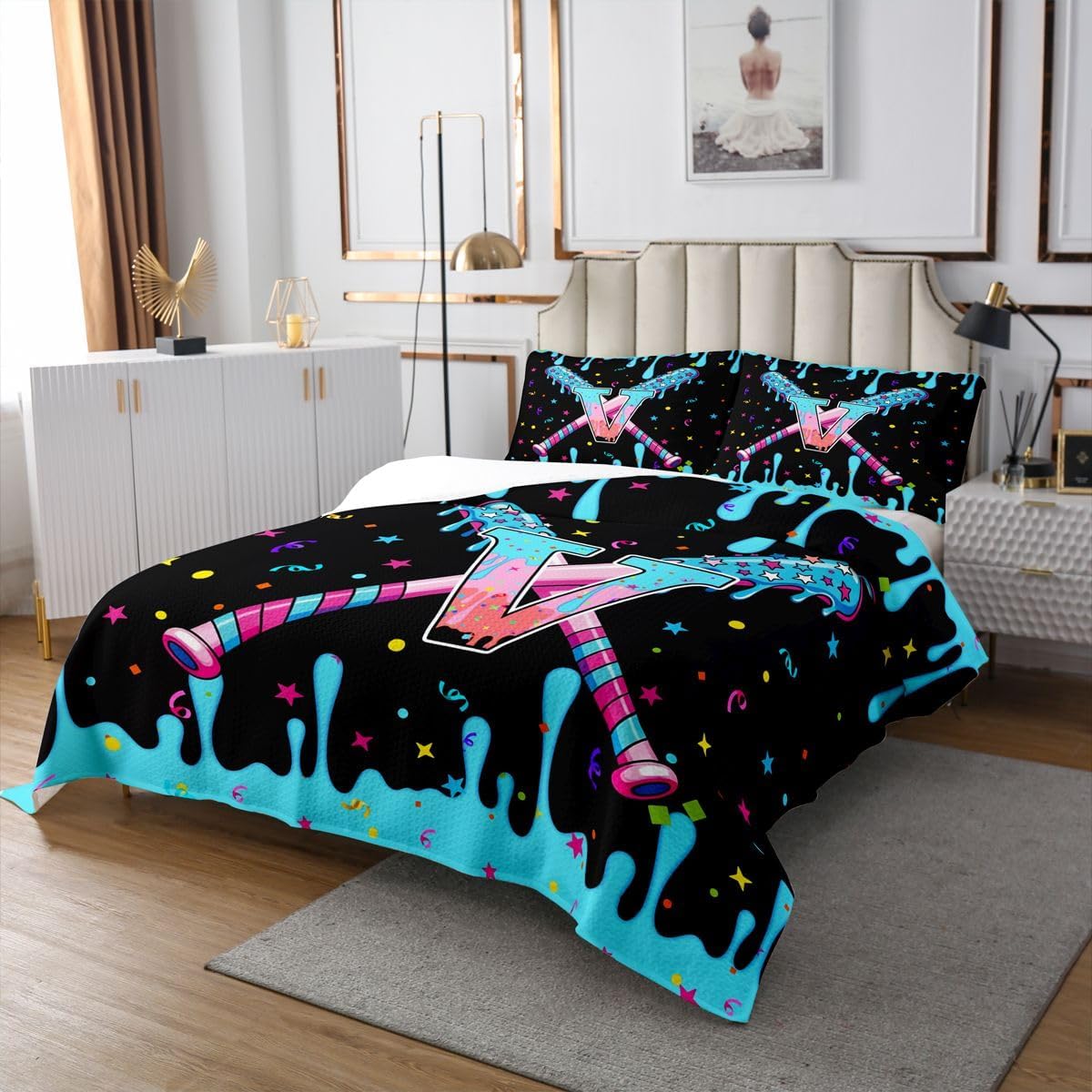 King Size Baseball Quilted Coverlet Boys Girls Baseball Gaming Bedspread For Kids Ultra Soft Personalized Initial Letter V Coverlet Set Sports Theme Room Decor Bedclothes Breathable Soft Microfiber