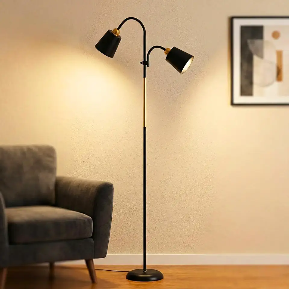 Luminária de Chão Dupla E27 – Abajur Chão Articulado com 2 Focos Direcionáveis – Ideal para Decoração Quarto e Leitura – Abajur Quarto de Pé 1,75m com Base Estável (Preto, Bivolt).