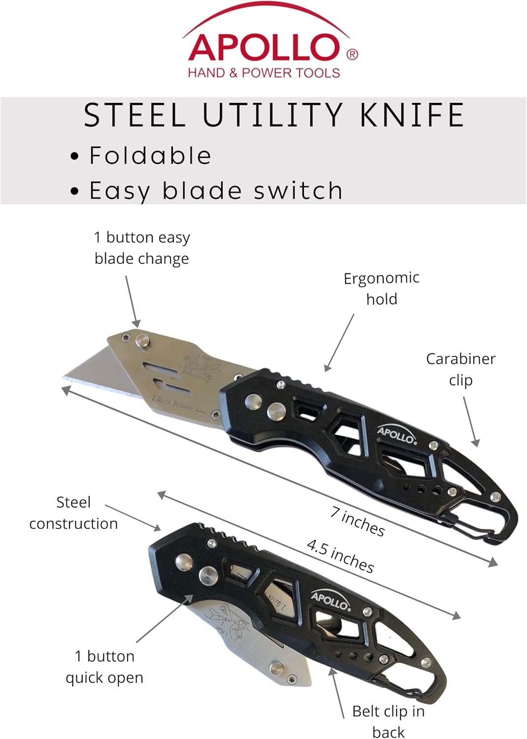 Apollo Tools Foldable Utility Knife with Lightweight Steel Construction, Carabiner Clip, Quick Blade Change Technology, Lock Feature. Accommodates Standard Blades - Black - DT5017