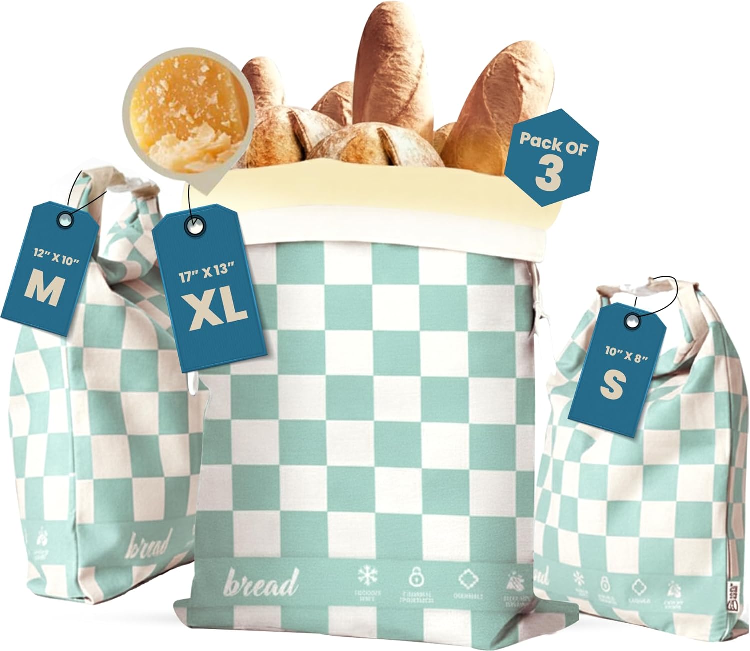 3-Pack Reusable Beeswax Bread Bags (XL, M, S) - Organic Cotton Beeswax Bread Storage Bag for Homemade Bread & Sourdough Freezer-Safe, Breathable & Freshness Support - Eco-Friendly Bread Bag