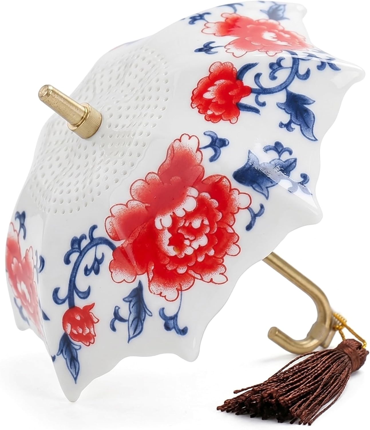 Chinese Style Umbrella Ceramic Tea Strainer with Red Tassel, for Teapot or Cup, Desktop Decor, Boxed, Style 2