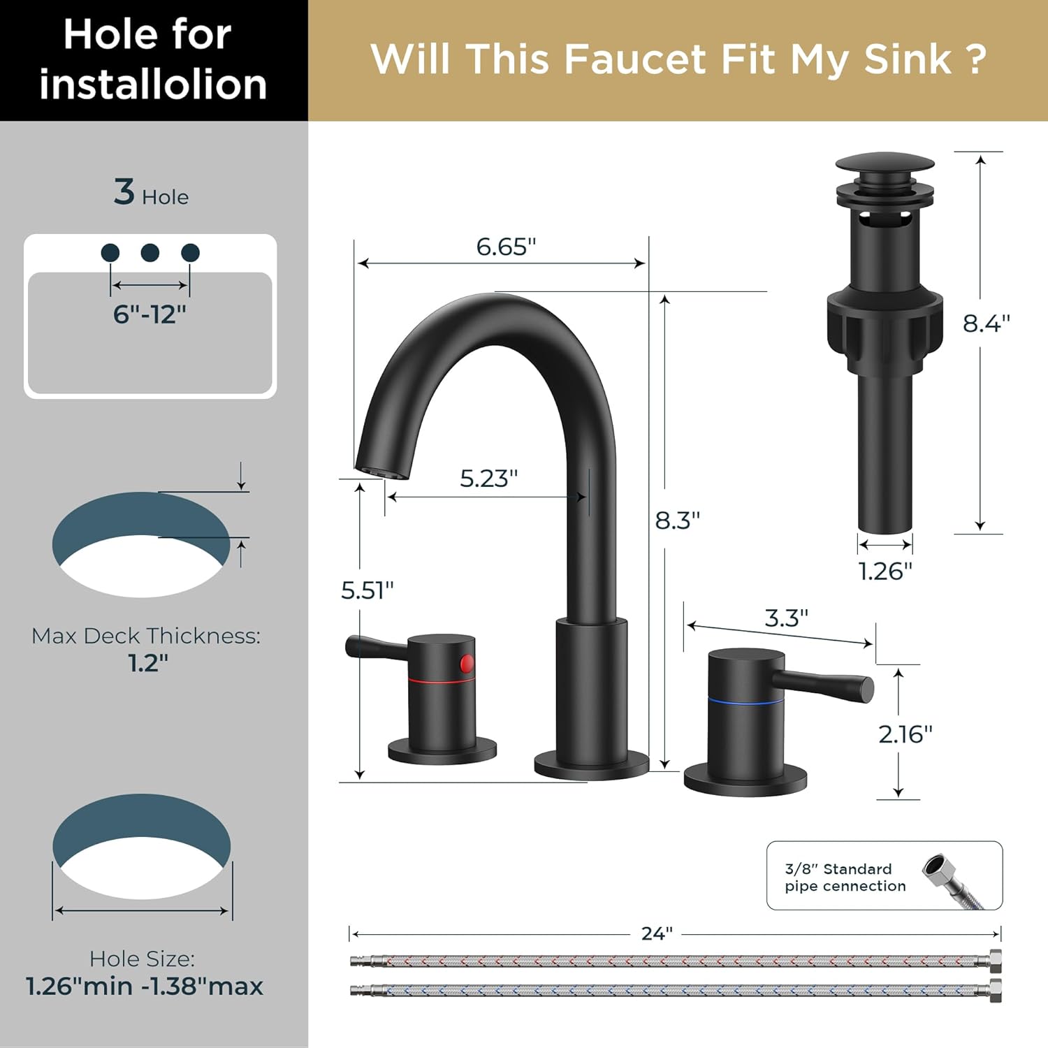 FORIOUS Black Bathroom Faucet 3 Hole, 360° Swivel 8 Inch Widespread Bathroom Sink Faucet with Deck Plate and Pop Up Drain 2 Handle Faucets for Sink, Vanity, RV, Lavatory, Farmhouse - Image 2