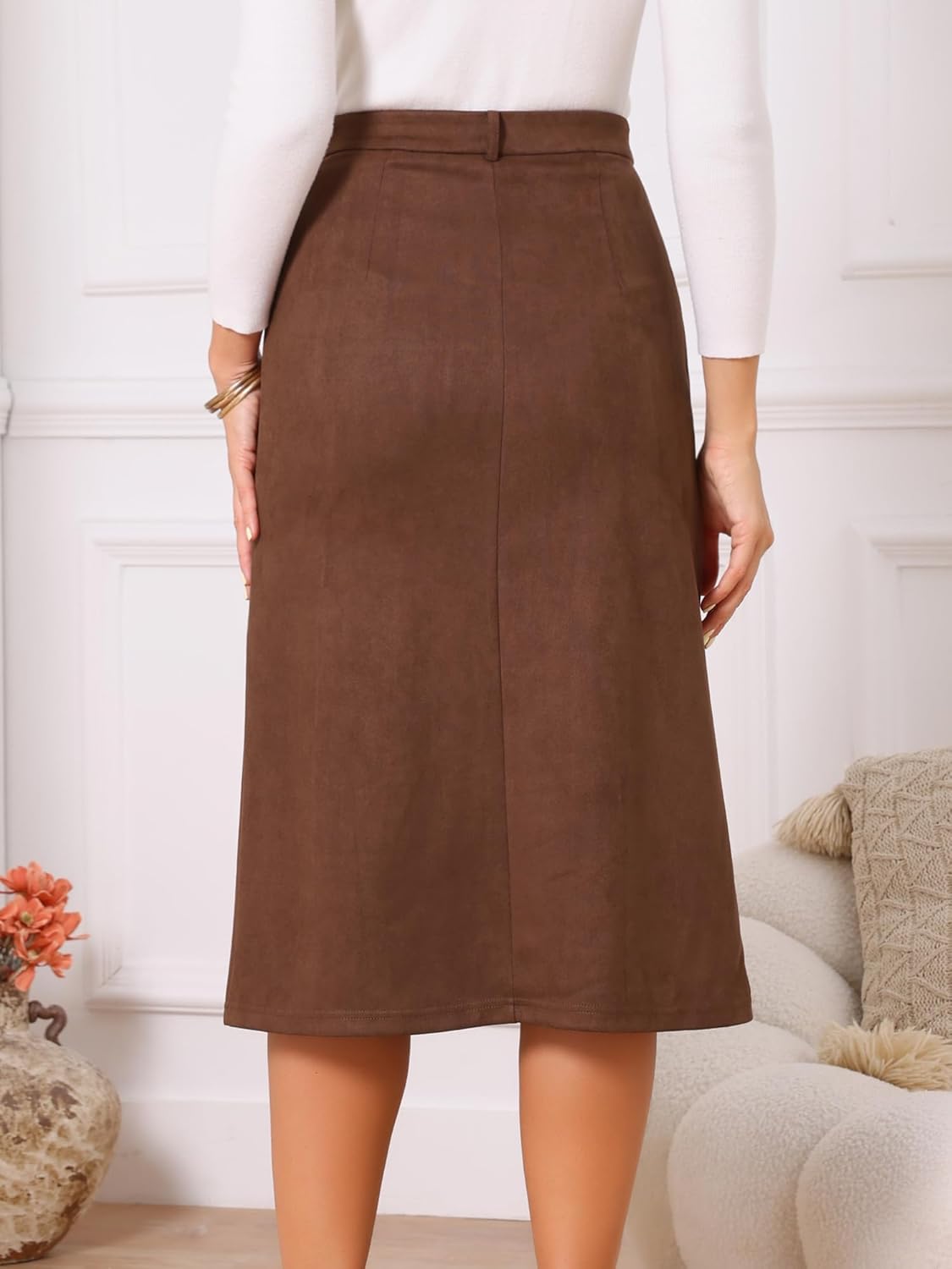 Seta T Women's Faux Suede Skirts Elastic High Waist Fall Winter A-Line Midi Skirt with Pockets