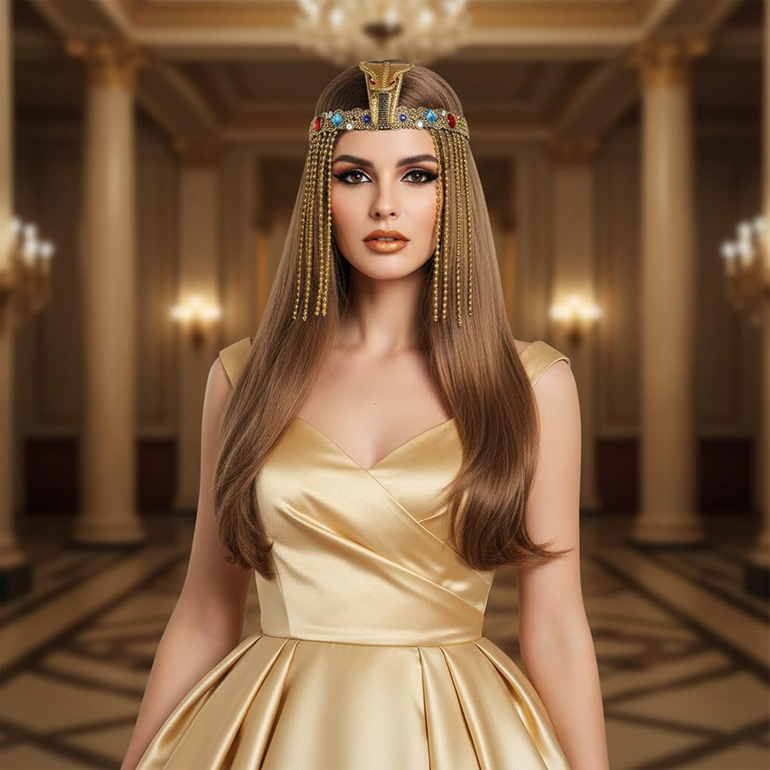Detailed Egyptian Headpiece Crowns for Cosplay Event, Pharoh Costume Snake Scepters Tassels Chain Set