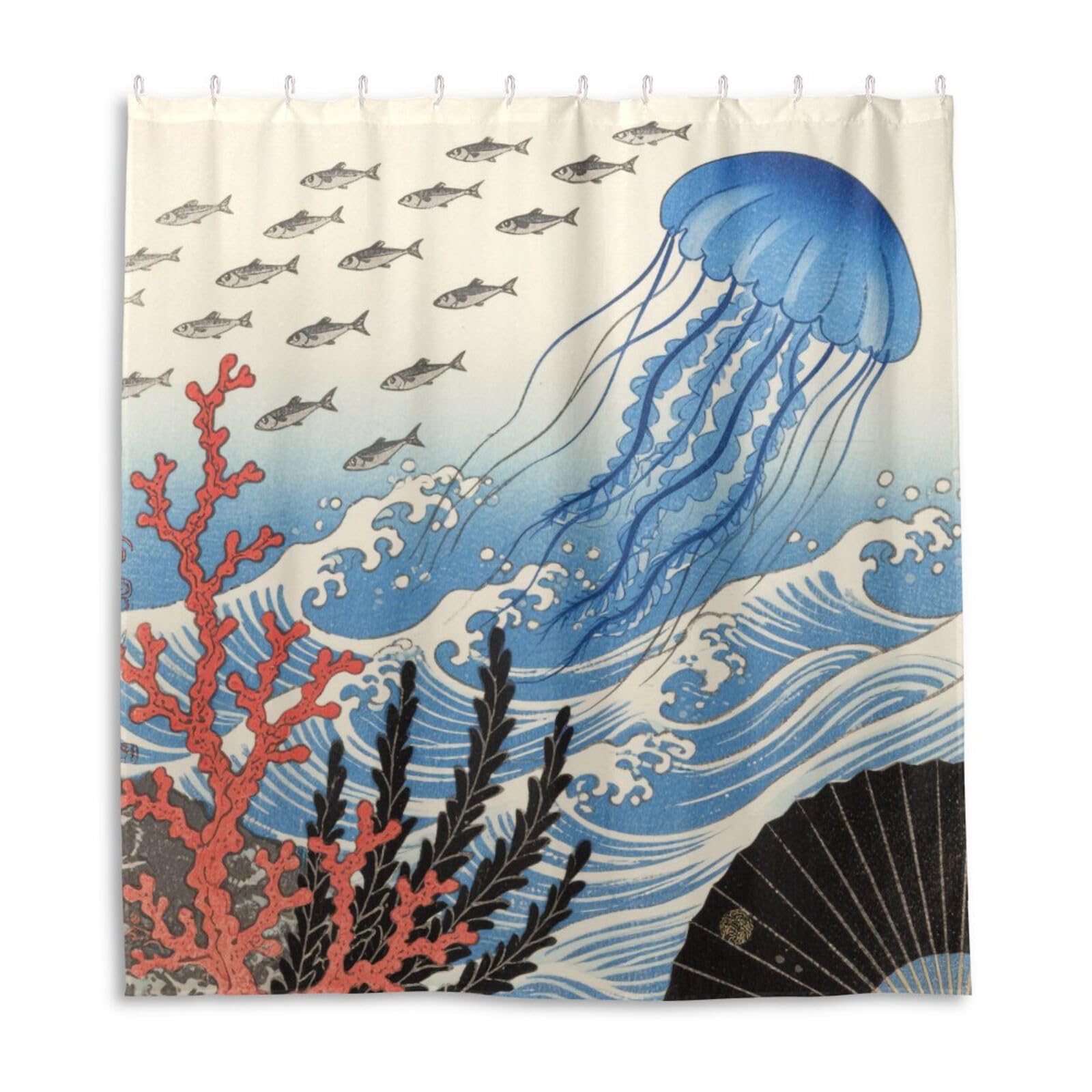 Rideau de douche imperméable Tokyo méduse bleu océan en textile haut de gamme 168 x 183 cm