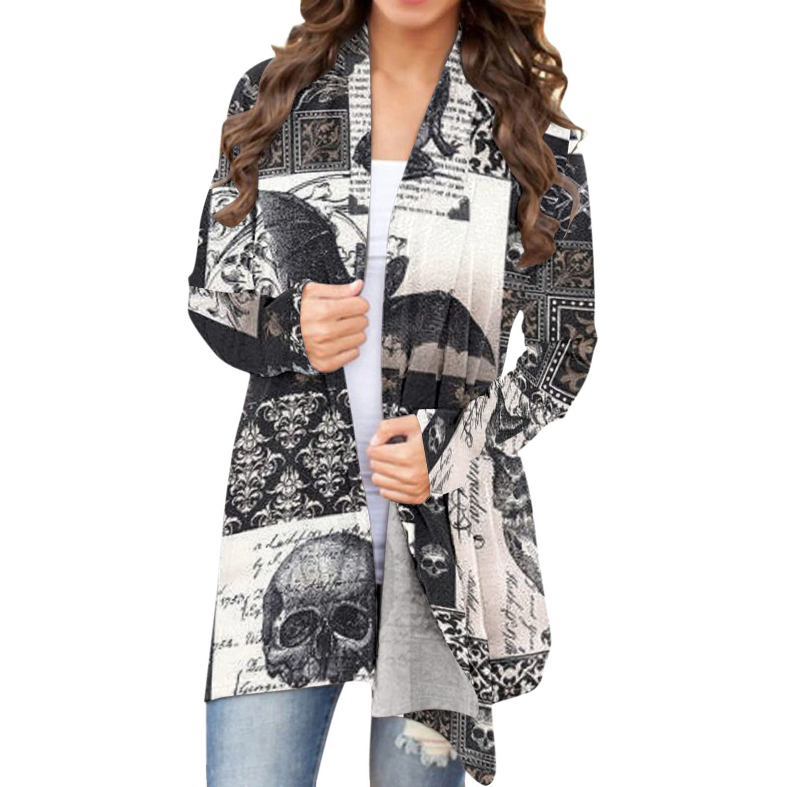 Women Leopard Cardigan Long Open Front Sweaters Loose Knit Coat Draped Jumper with Pockets