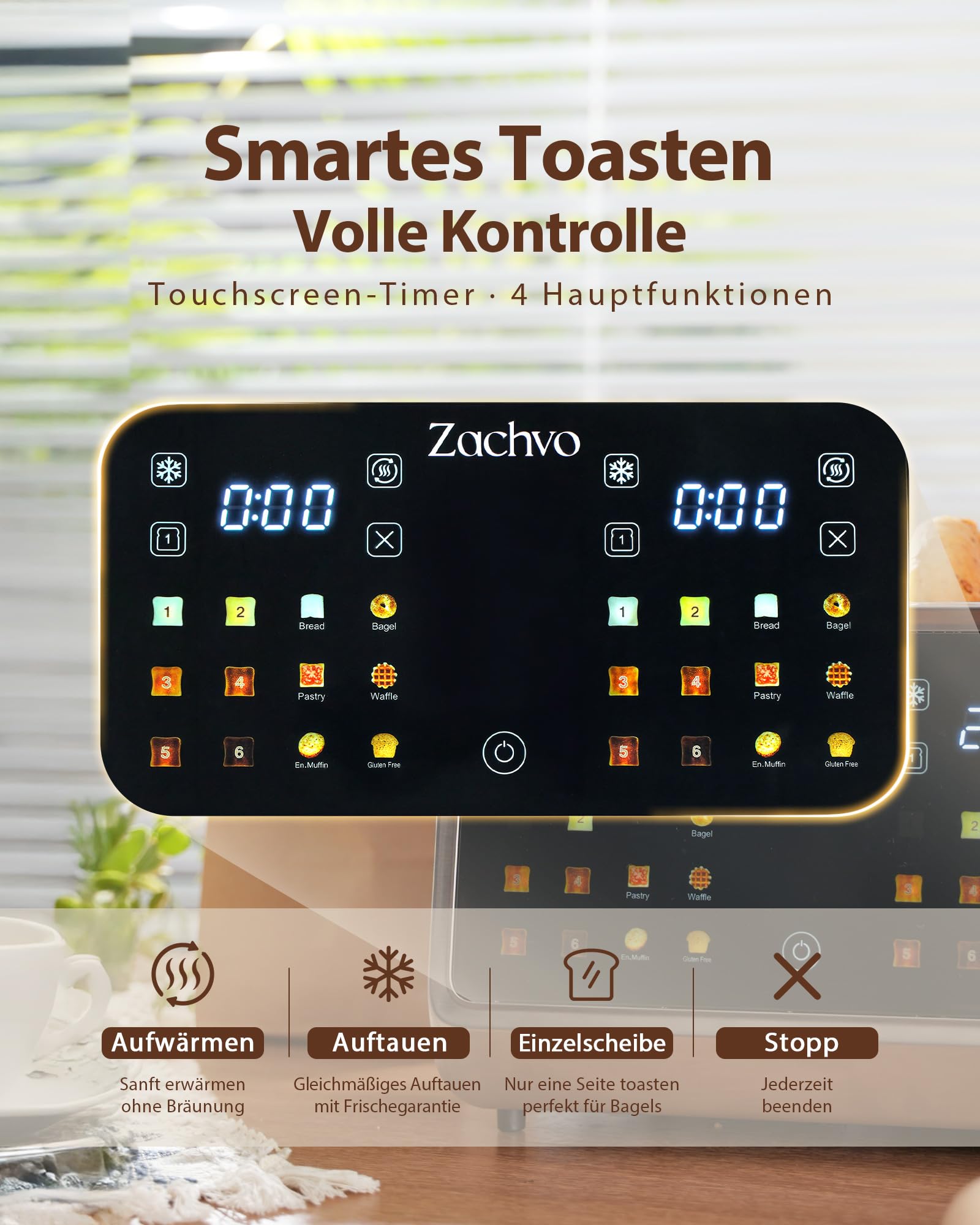 Zachvo Toaster 4 Scheiben Edelstahl mit Touchscreen & LED Countdown – Bild 4
