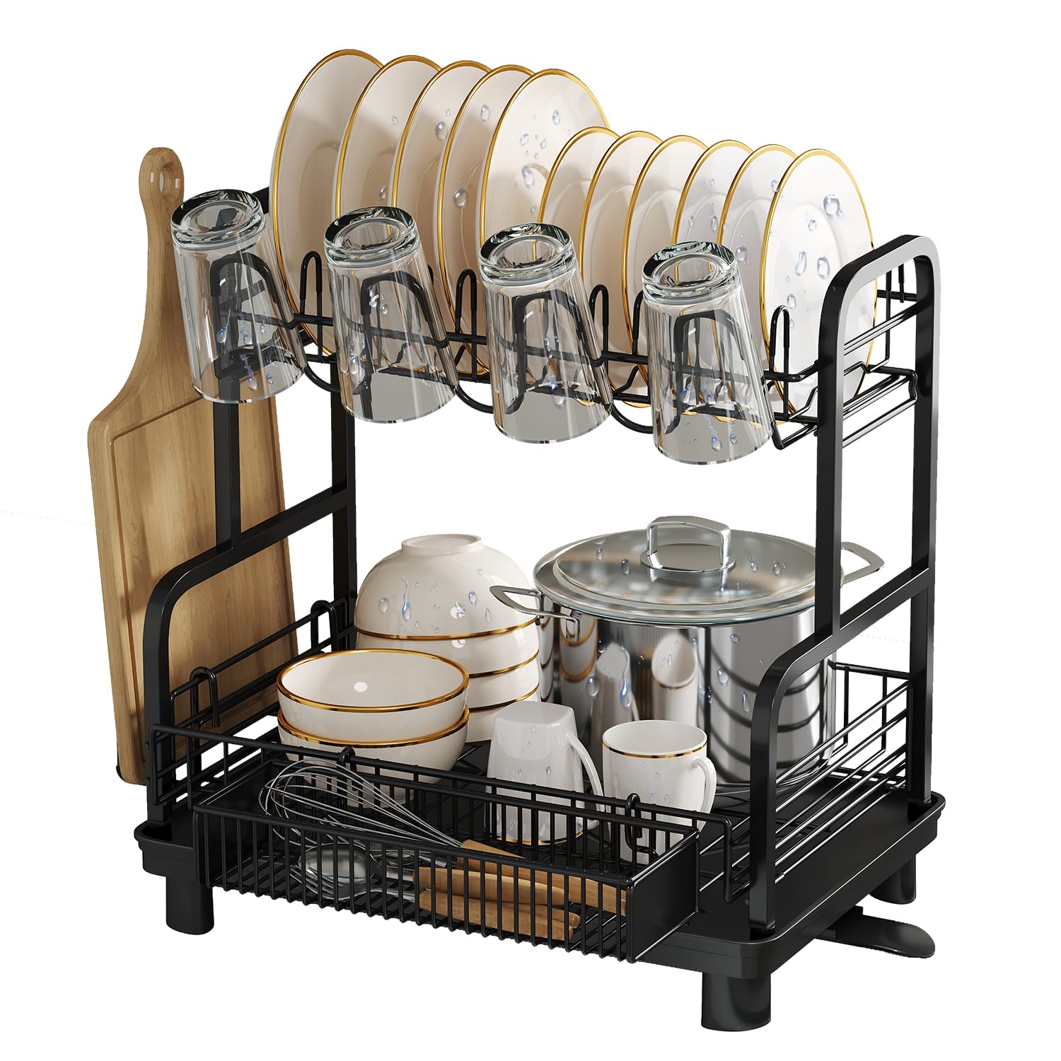Boosiny 2 Tier Dish Drying Stand Stainless Steel, Dish Drying Rack with Drip Tray, Dish Rack with Utensil Holder, Cutting Board Holder and Cup Rack, Dish Drainer for Counter Kitchen Rack, Black