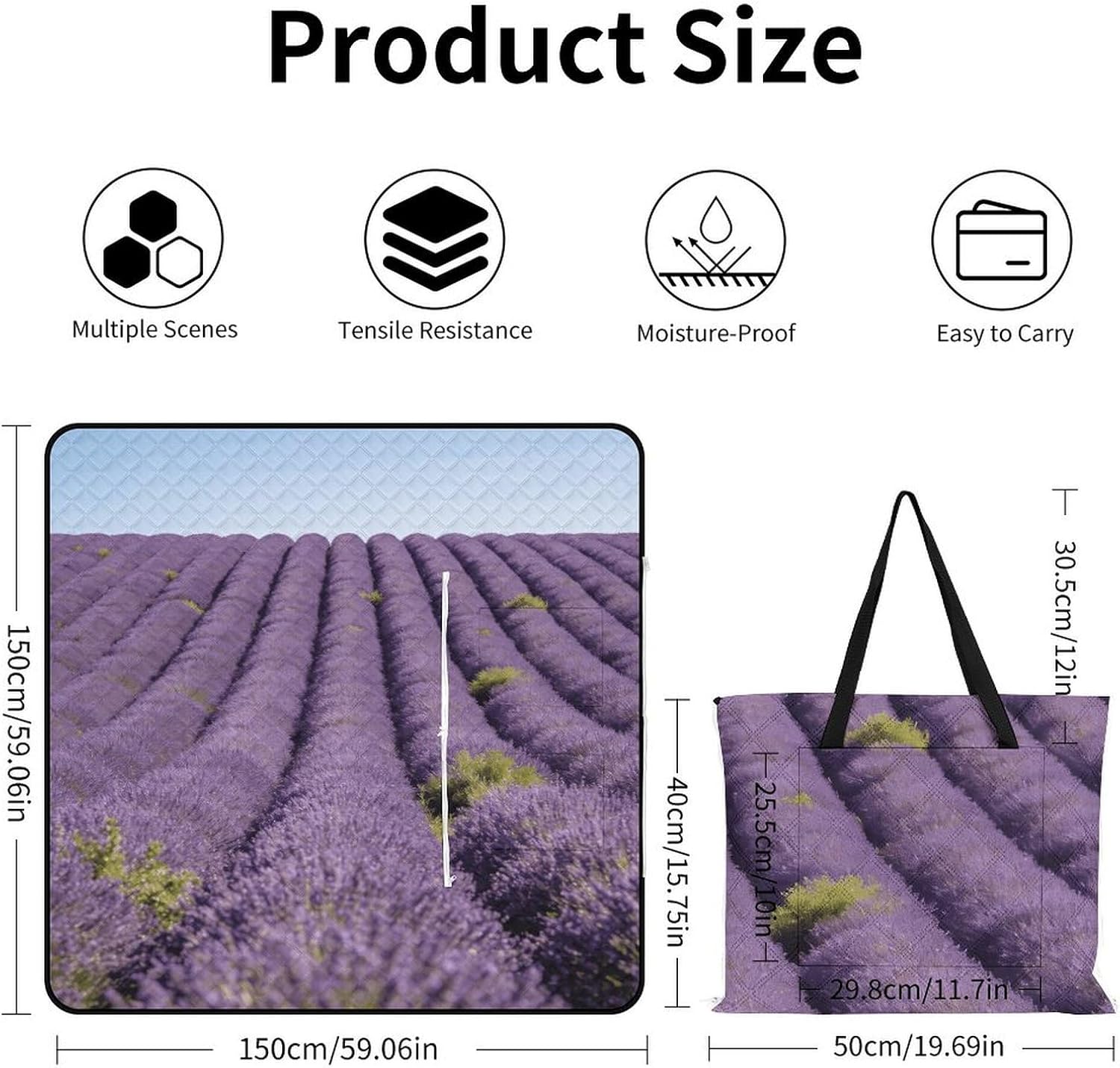 Purple Waves Long Scroll Picnic Blanket with Zipper Water Resistant Sand Free Picnic Mat Washable Foldable Easy Carry Beach Blanket for Lawn Beach Hiking Camping