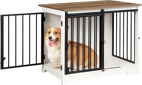 Miniatura 9 de Mueble de jaula para perros de 31.9 pulgadas con puerta de granero, perrera resistente para interiores con 2 puertas, mesa auxiliar de jaula para