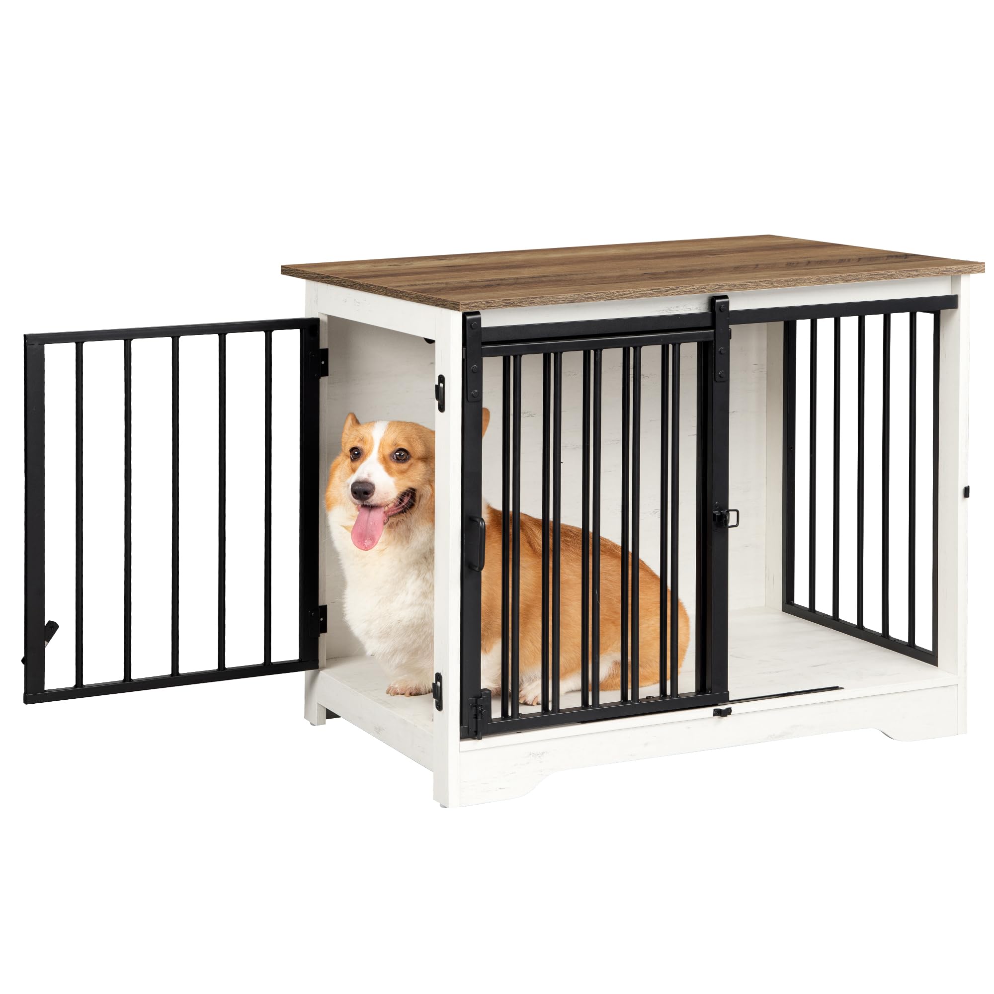 Hzuaneri 81cm Gabbia per Cani, Tavolo Supplemento, Nicchia Moderna per Cani, Gabbia per Cuccioli, Casetta per Animali, 2 porte, 55 x 81 x 67,5 cm, Bianco e Marrone DFC83614B
