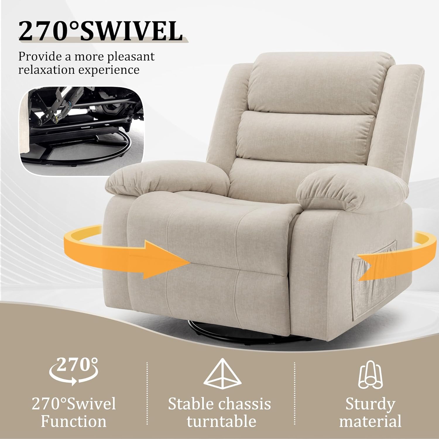Korser Power Recliner Chair, Electric Rocker Recliner with Massage and Heat, 270° Swivel Glider, Oversized Wide Seat with USB Port, Cashmere Nursery Chair for Living Room, Beige