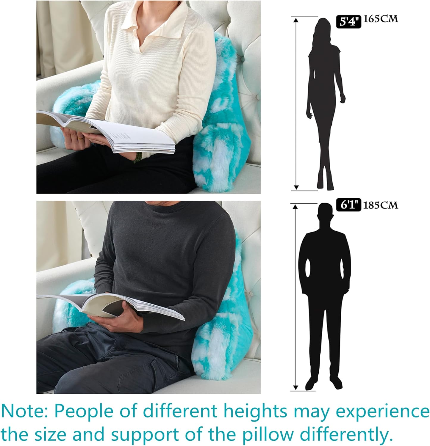 Jacquard Rabbit Faux Fur Backrest Reading Bed Rest Pillow with Arms for Sitting Up in Bed/Couch, Adult Children Back Support Wedge Cushion with Removable Cover, 20" x 18" x17", Teal White