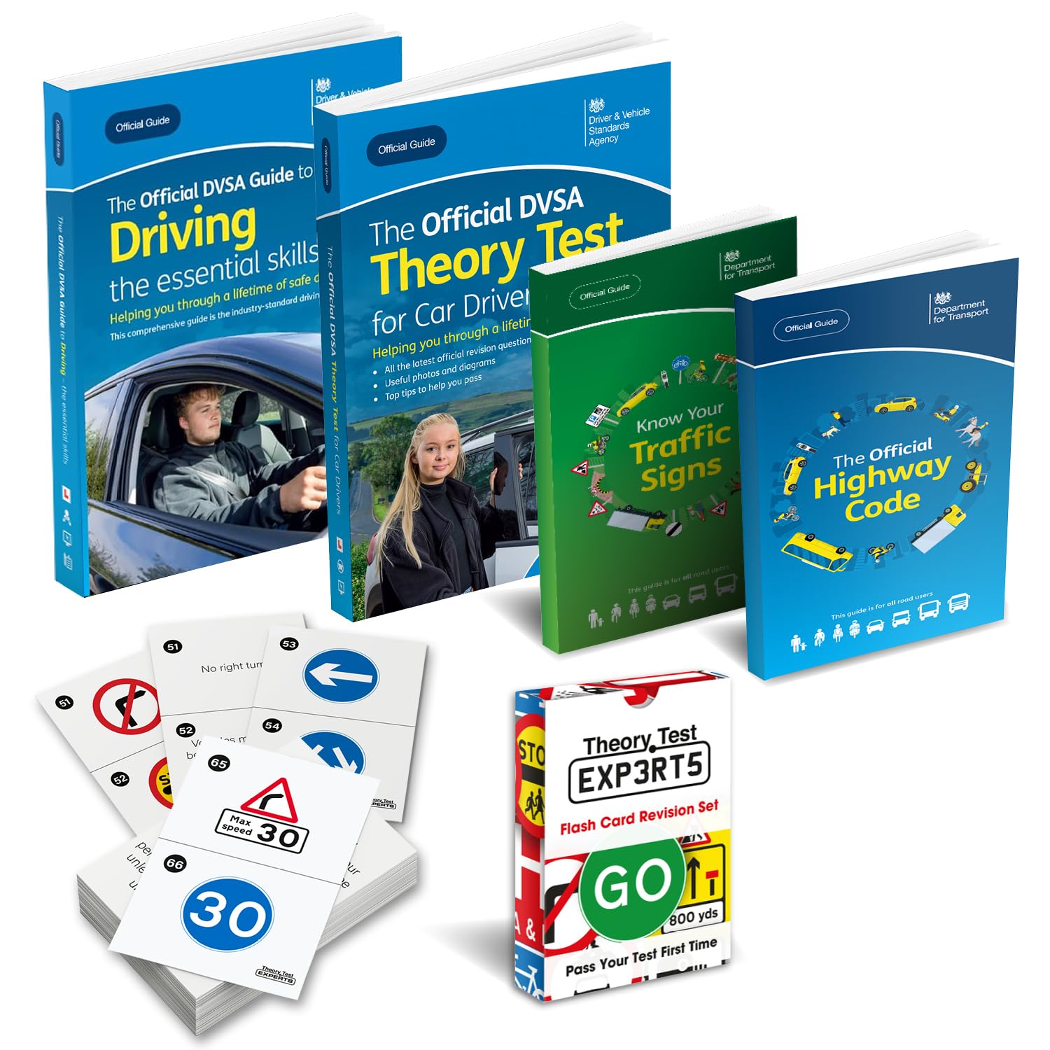 The Highway Code 2025 + Theory Test Book 2025 + DVSA Driving Essential Skills 2025 + Know Your Traffic Signs 2025 + 128 Road Signs Flash Cards 2025 - Driving Instructor Approved