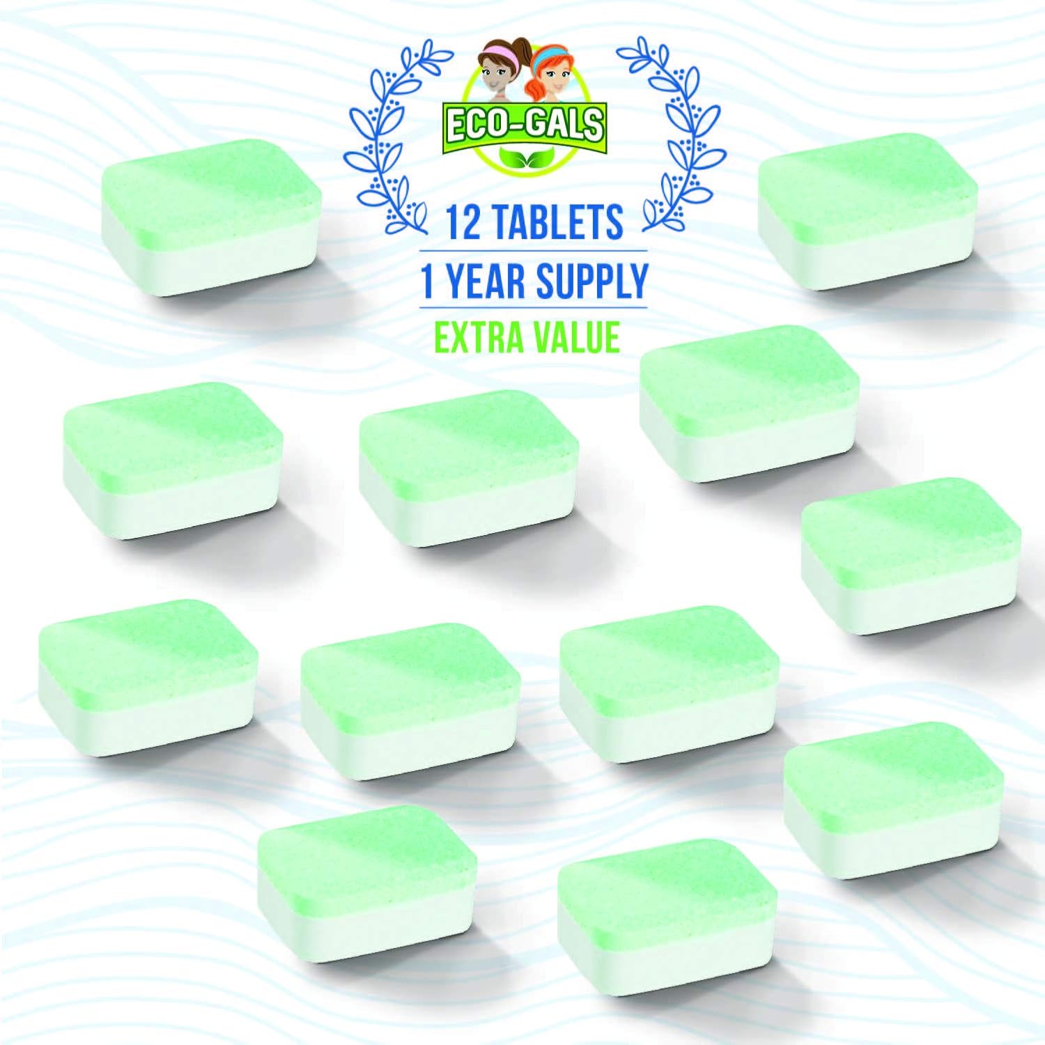Eco-Gals Eco Scrubz Deep Dishwasher Machine Cleaner Unscented, 12 Count Tablets - 1 Year Supply plus Eco-Shines Dishwasher Detergent Pods With 3 in 1 Power of Liquid, Powder, and Gel for Brig