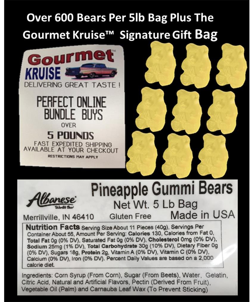Albanese Gummi Bears-Pineapple Gummy-Bulk-5lb Bag-Plus (3) Perky Pineapple Gummy Bears Gourmet Kruise Gift Bags 11 OZ 4 Bags (2) Item Bundle