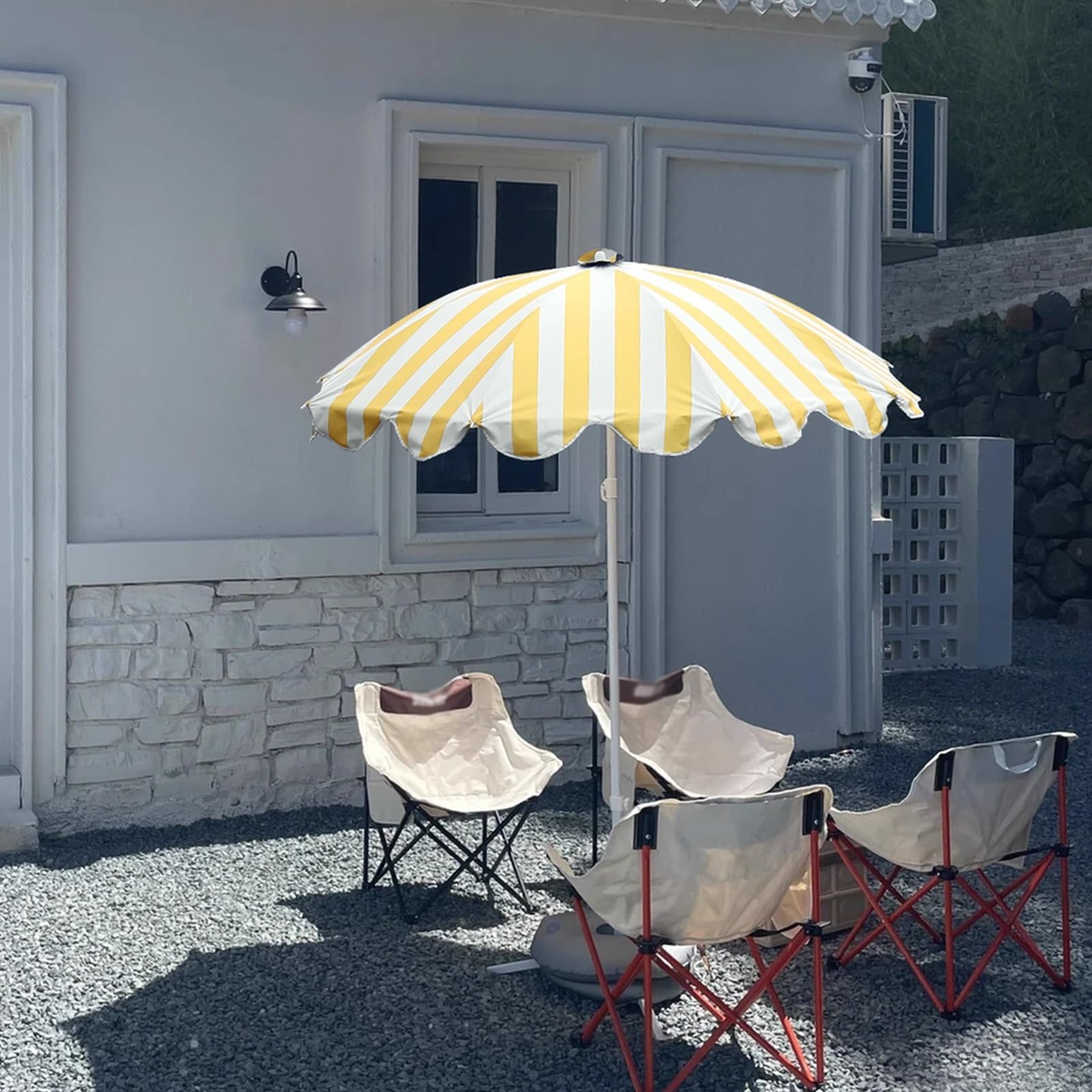 5 stóp żółty biały pasiak Boho Holiday Beach Parasola, zewnętrzny przenośny parasol ogrodowy z 50 + Protect, wodoodporny, regulowana wysokość na kemping, imprezy sportowe