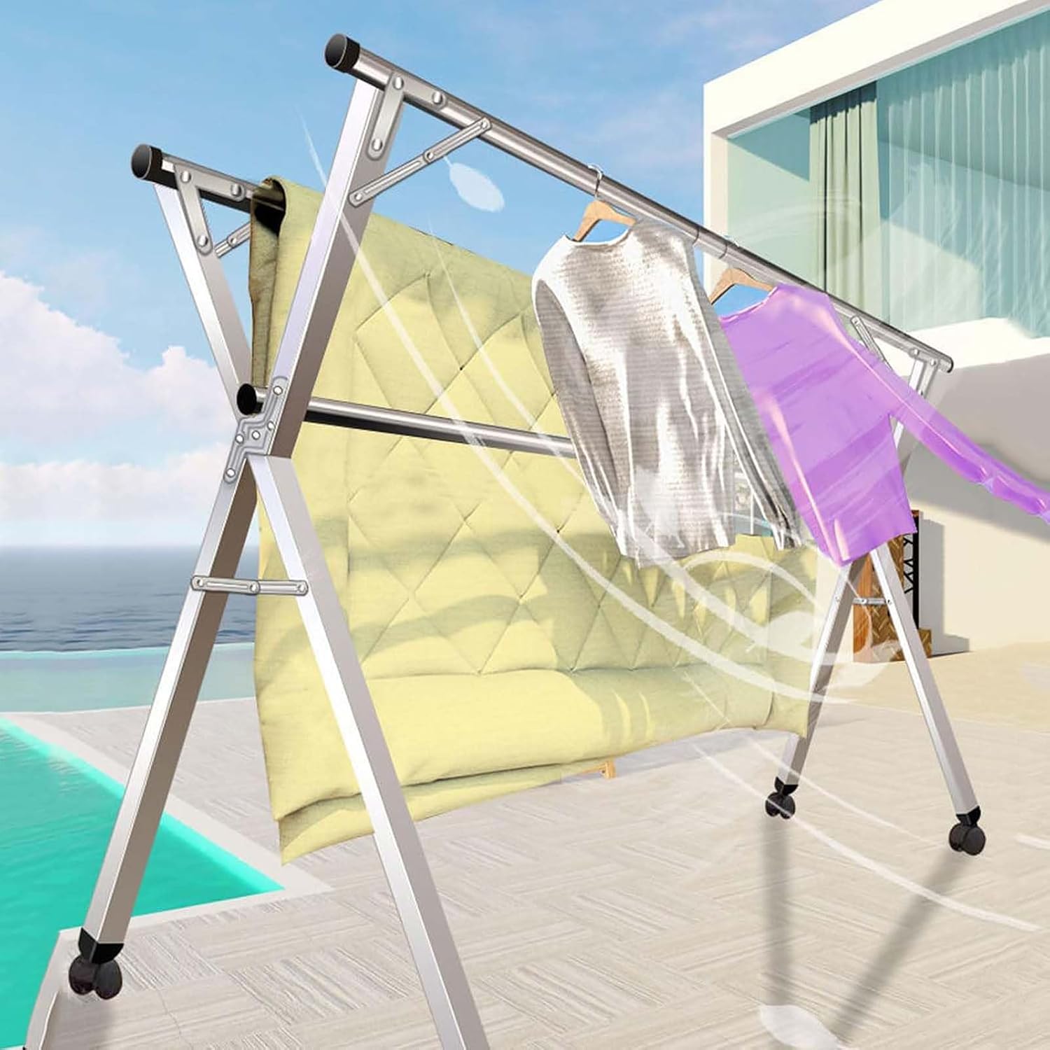 Stainless Steel Clothes Drying Rack, Floor-Standing Folding Clothes Hanger, Balcony Clothes Hanger, Telescopic Clothes Drying Pole（1.6m/63in）