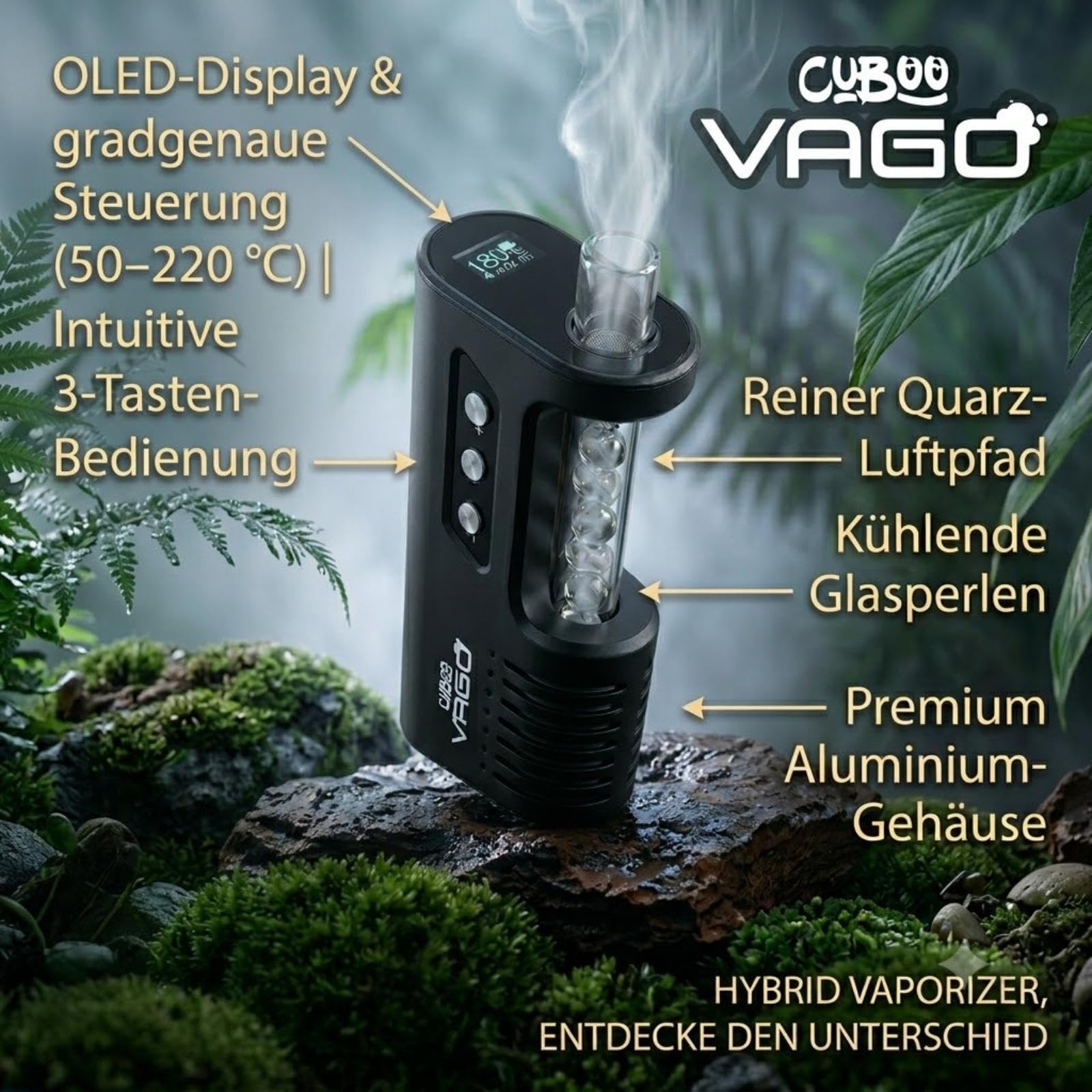VaGo: Hybrid-Vaporizer mit reinem Glas-Dampfweg | Präzise Temperaturkontrolle & 2600mAh Akku | 2 Jahre Garantie