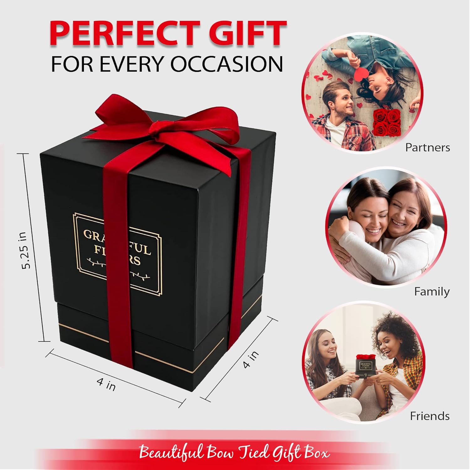 Graceful Fleurs Real Long Lasting Roses in a Box for Years, Preserved Fresh Forever Flowers for Delivery Birthday, Eternal Floral Valentines Gifts for Her (Red, Black Box, 4 Roses) - Image 3