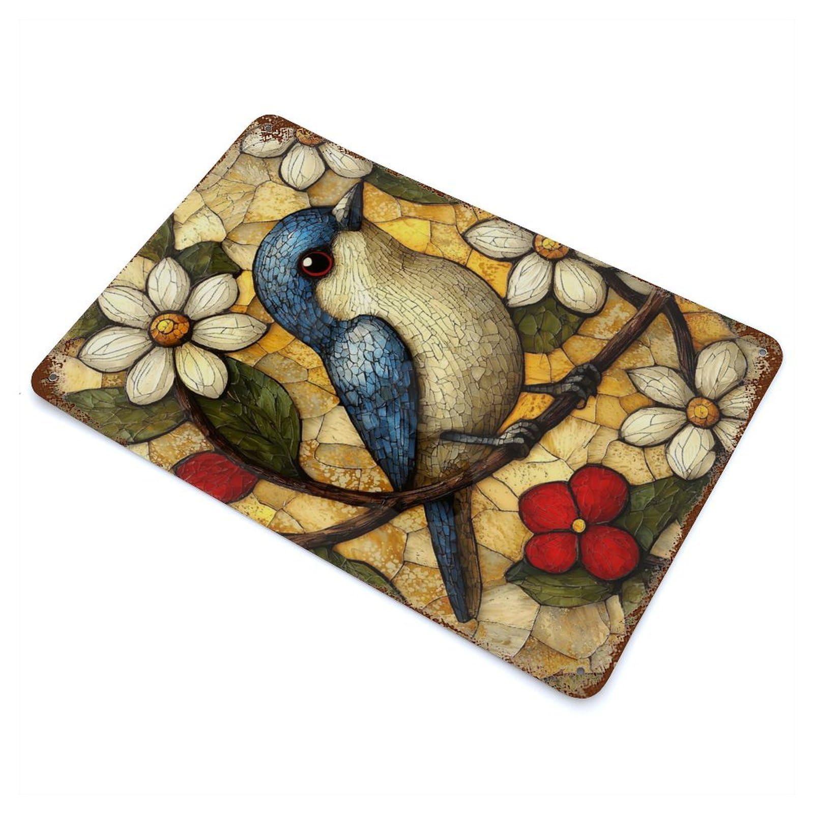 Mosaic Bird on Branch Vintage Wall Sign 11.8"x7.9", Rust Effect Metal Decor for Living Room, Hallway And Home Decor