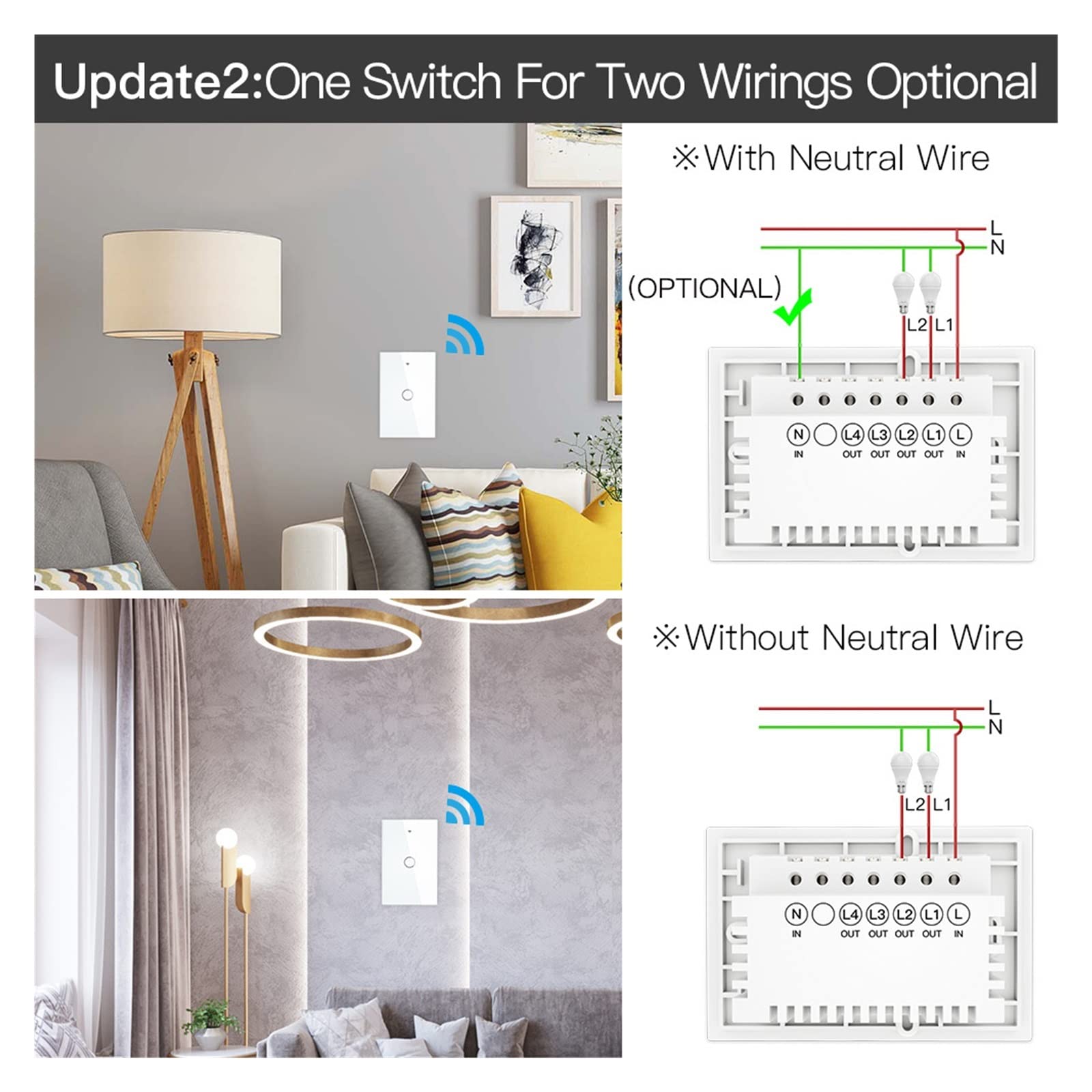 Interruttore smart wifi, Interruttore della luce intelligente touch a parete con neutro/nessun neutro, nessun condensatore Smart Life/Tuya funziona con Alexa, Google Hub richiesto installazione facile