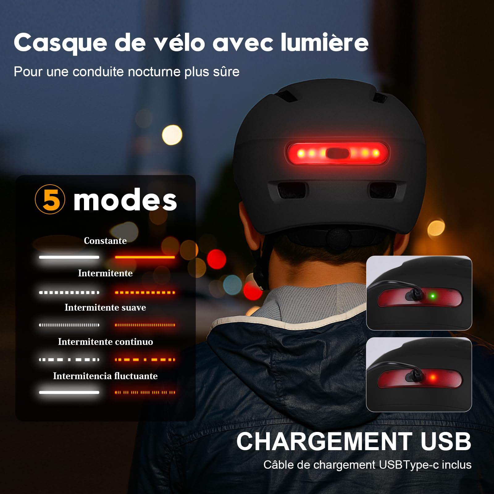 Shinmax Casque Velo Homme Femme avec 5 Modes Lumière USB et Visière, Casque Trottinette Electrique Adulte