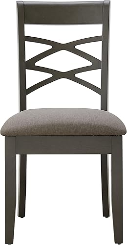 Miniatura 4 de Leick Home 10184-GSMH - Silla de comedor de madera con respaldo cruzado doble, juego de 2, piedra gris con asiento jaspeado musgo