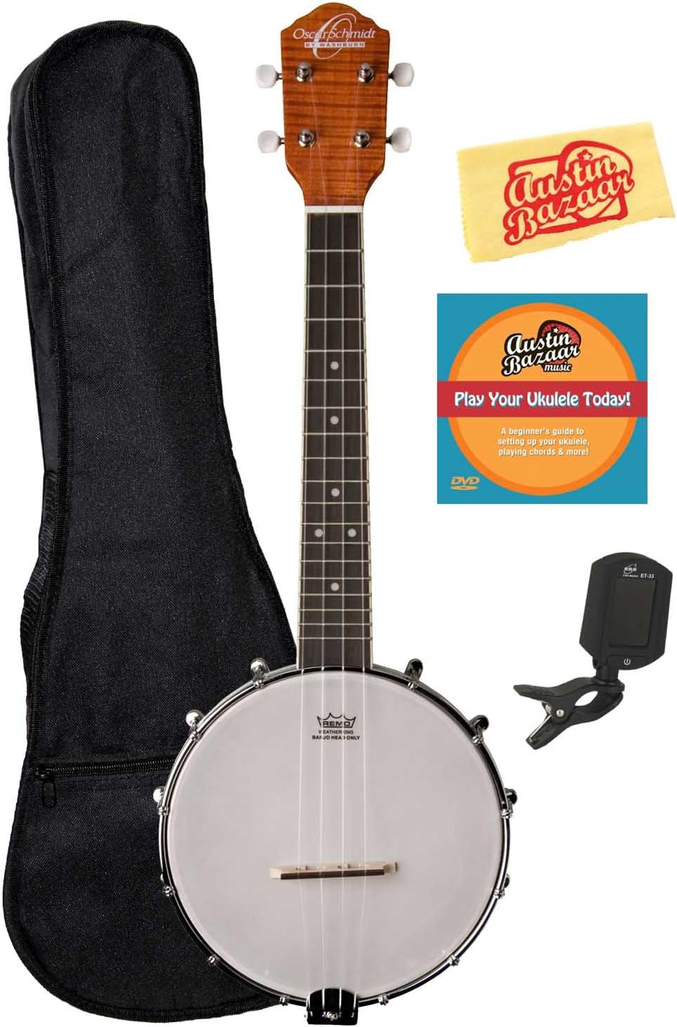 Oscar Schmidt OUB1 Concert Banjolele Bundle with Gig Bag, Austin Bazaar Instructional DVD, Clip-On Tuner, and Polishing Cloth