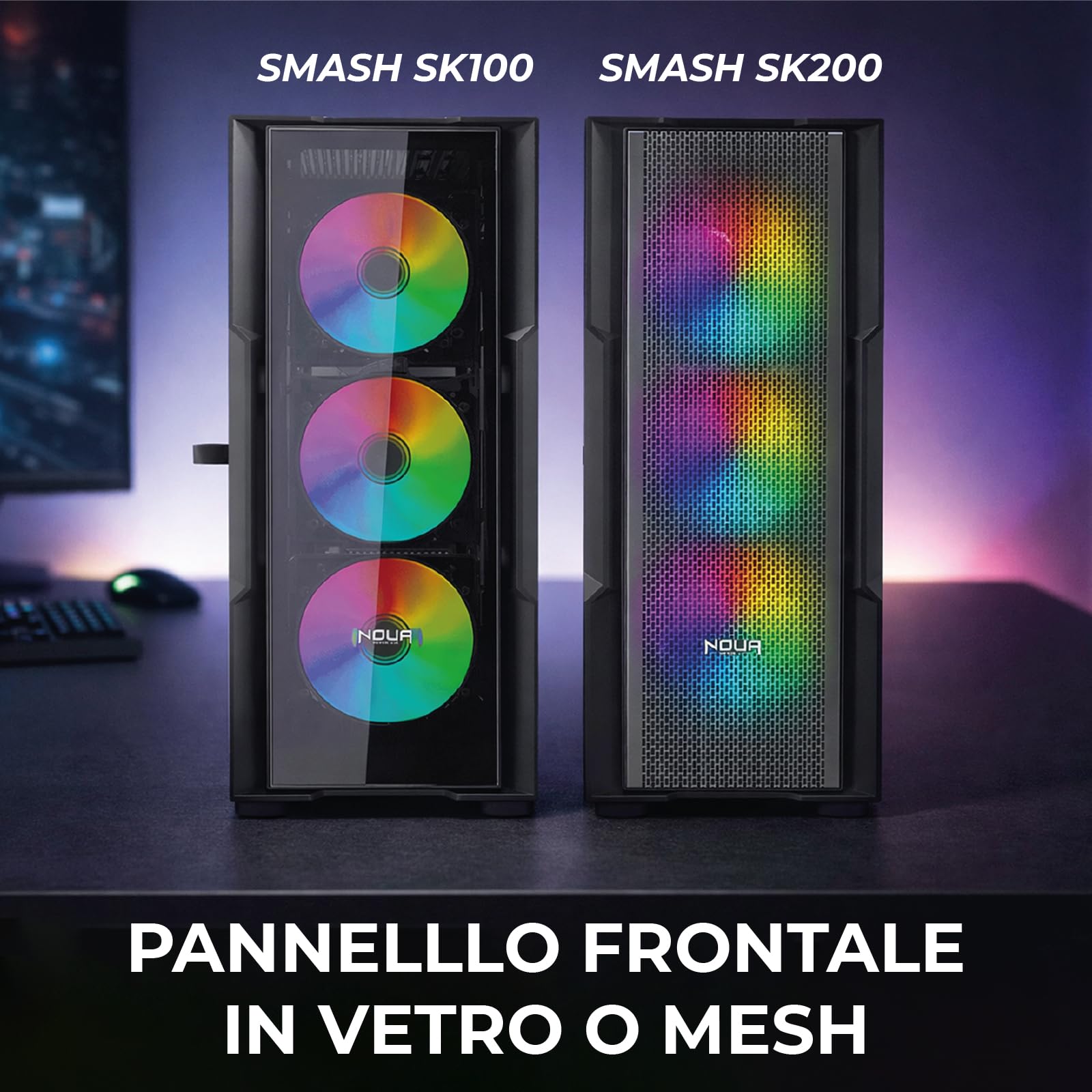Noua Smash SK100 Case Gaming PC Mid-Tower ATX/E-ATX | Doppio Vetro Temperato | 4 Ventole ARGB PWM Preinstallate | AIO 360mm | GPU fino a 400mm | Airflow Ottimizzato