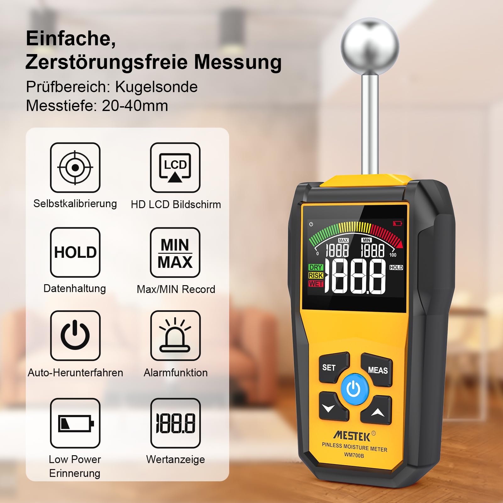 Feuchtigkeitsmessgerät MESTEK Feuchtigkeitsmesser Feuchtemessgerät Profi mit Farb-LCD Akustischem Alarm für Wand Holz Mauerwerk Putz Baustoffe Boden Baufeuchte Wohnung Wohnwagen 20-40mm Analysetiefe
