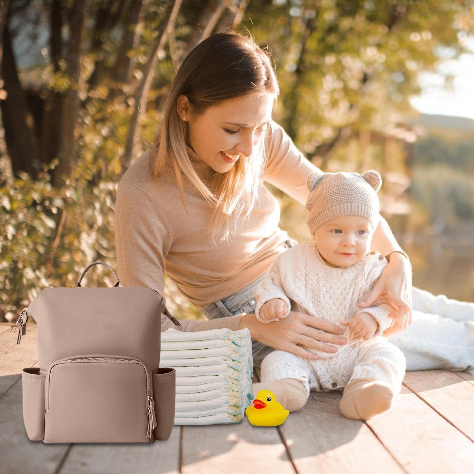 Mochila de pañales de cuero para mujeres, mochila para bebés de cuero bolsa