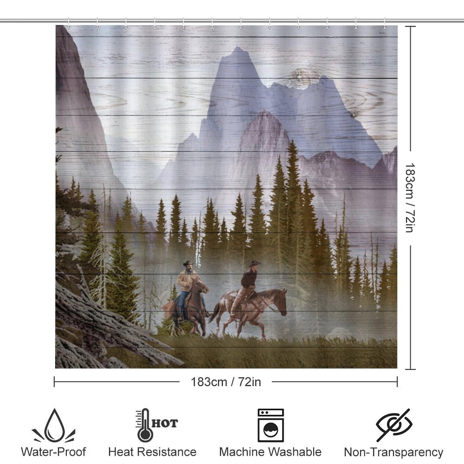 West Country Cowboy - Juego de 4 cortinas de ducha impermeables con cubierta de inodoro impermeable, alfombra de ducha, 183 x 183 cm