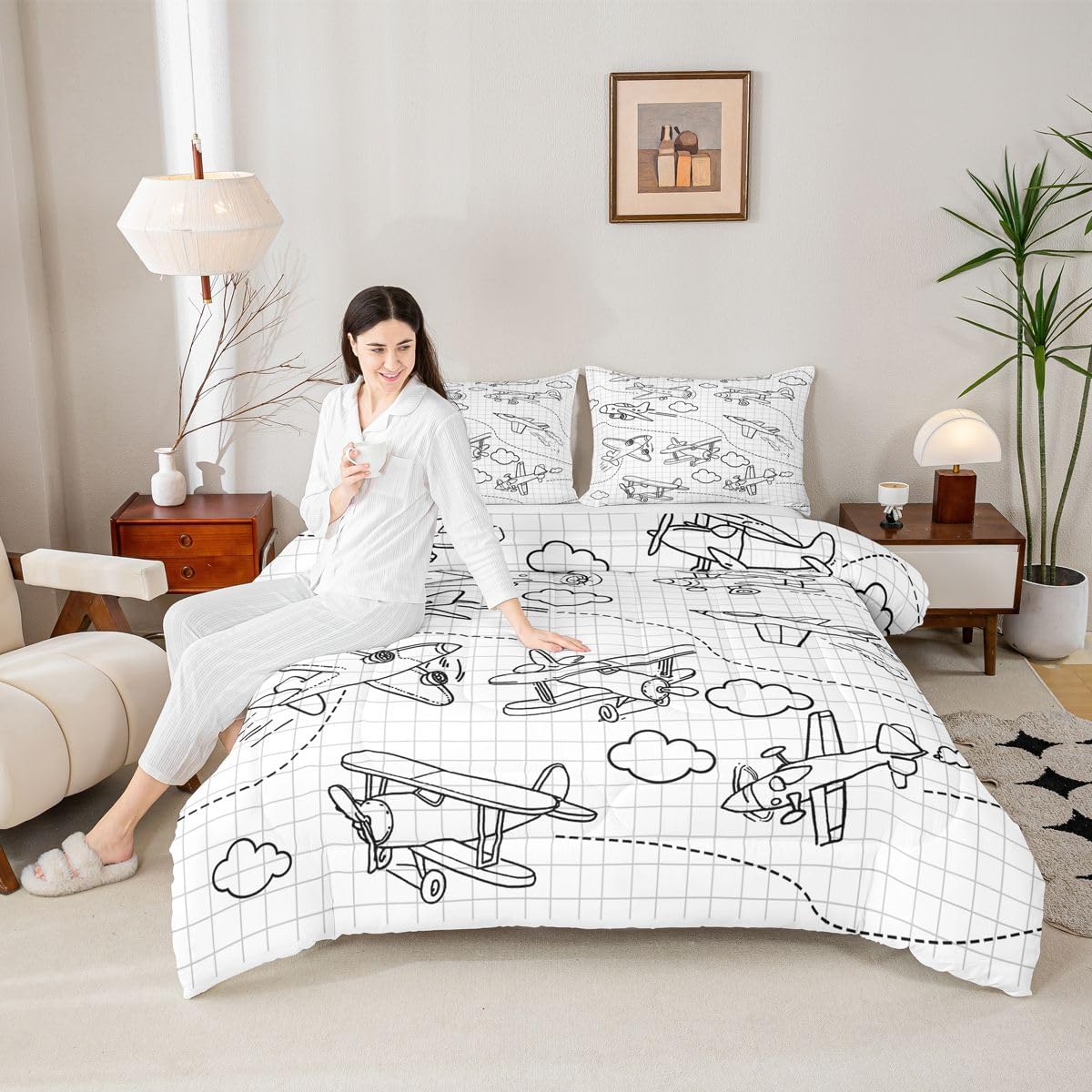 Feelyou Kids Airplane Comforter Set Twin Size Flight Bedding Set for Boys Girls Teens Decor Cloud Travel Comforter Aircraft Black White Duvet Set with 1 Pillow Case Boys