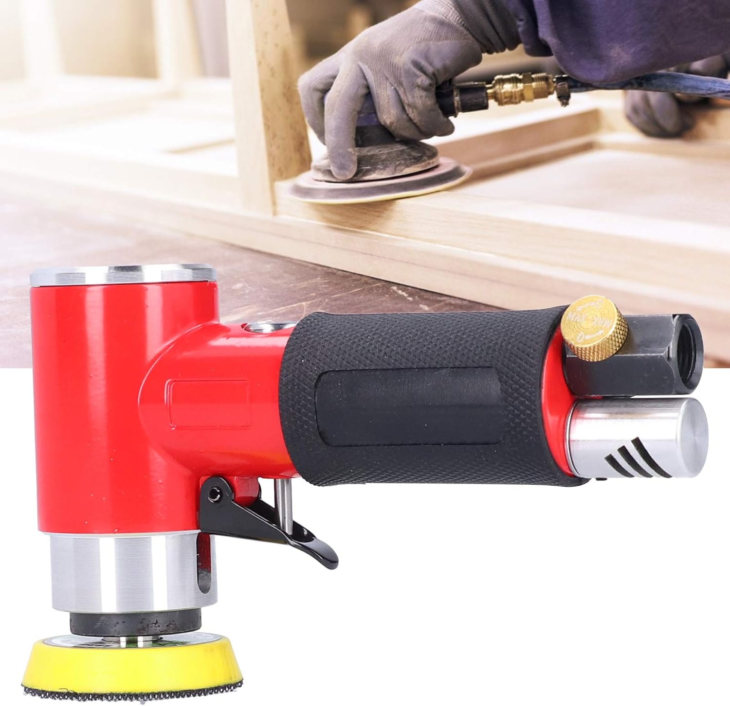 Pneumatic Sandpaper Machine, Eccentric Air Sander with 2/3 in Sanding Pad, Low Noise High - Speed Air Polisher for Mirror Buffing and Fine Finishing on Metal Wood Plastic