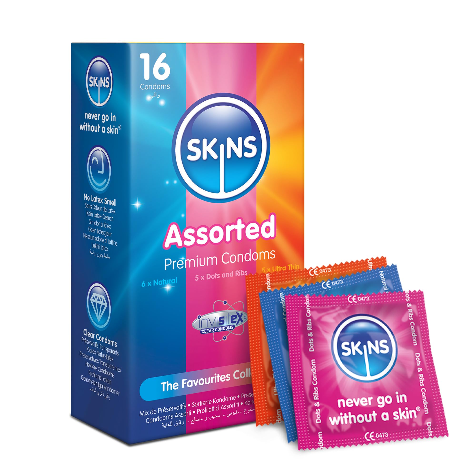Skins Assorted Condoms Multipack, Ultra-Thin, Natural & Dots & Ribs. No Latex Smell And Extra Lubrication For Maxinum Pleasure. Natural Look That Feels Like