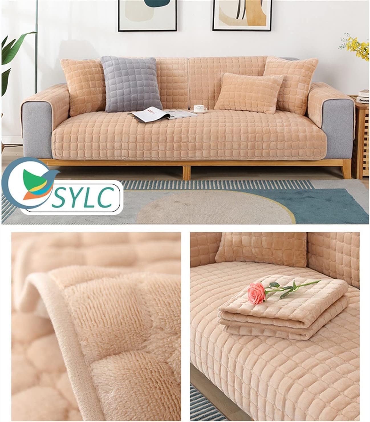 Couch Covers Sofa Slipcovers Thick Plush Sofa Slipcovers Softness, Comfort, Breathable, Easy to Clean Used to Protect Sofa and Increase Beauty WEWYQSJXBXF-417(Color:Khaki,Size:90×160cm)
