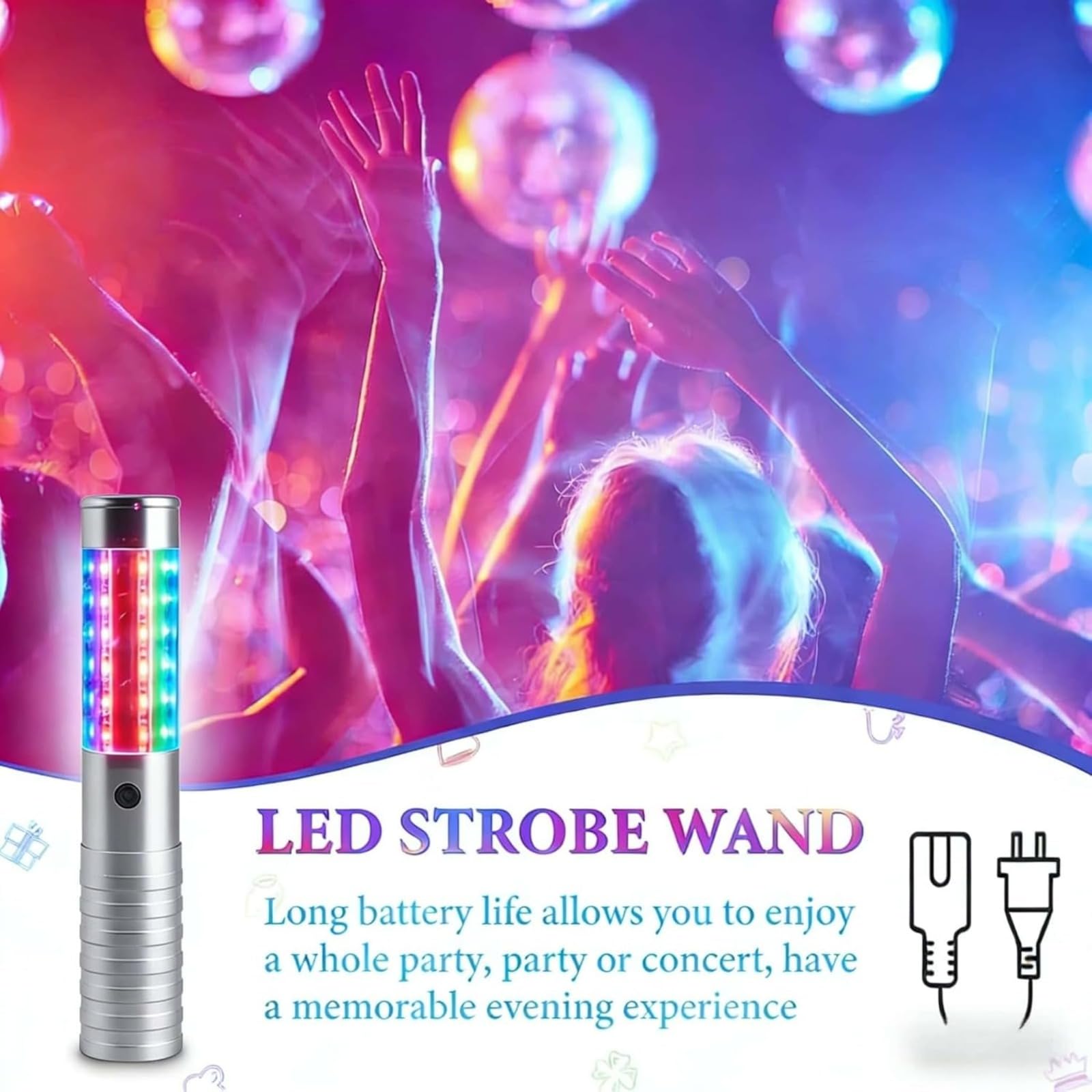 2 Pack LED Bottle Lights – Recargable Strobe Sticks and Luminous Sticks for Champagne Bottles Bar, Club, Partido, Birthday, Wedding, Events (plata)