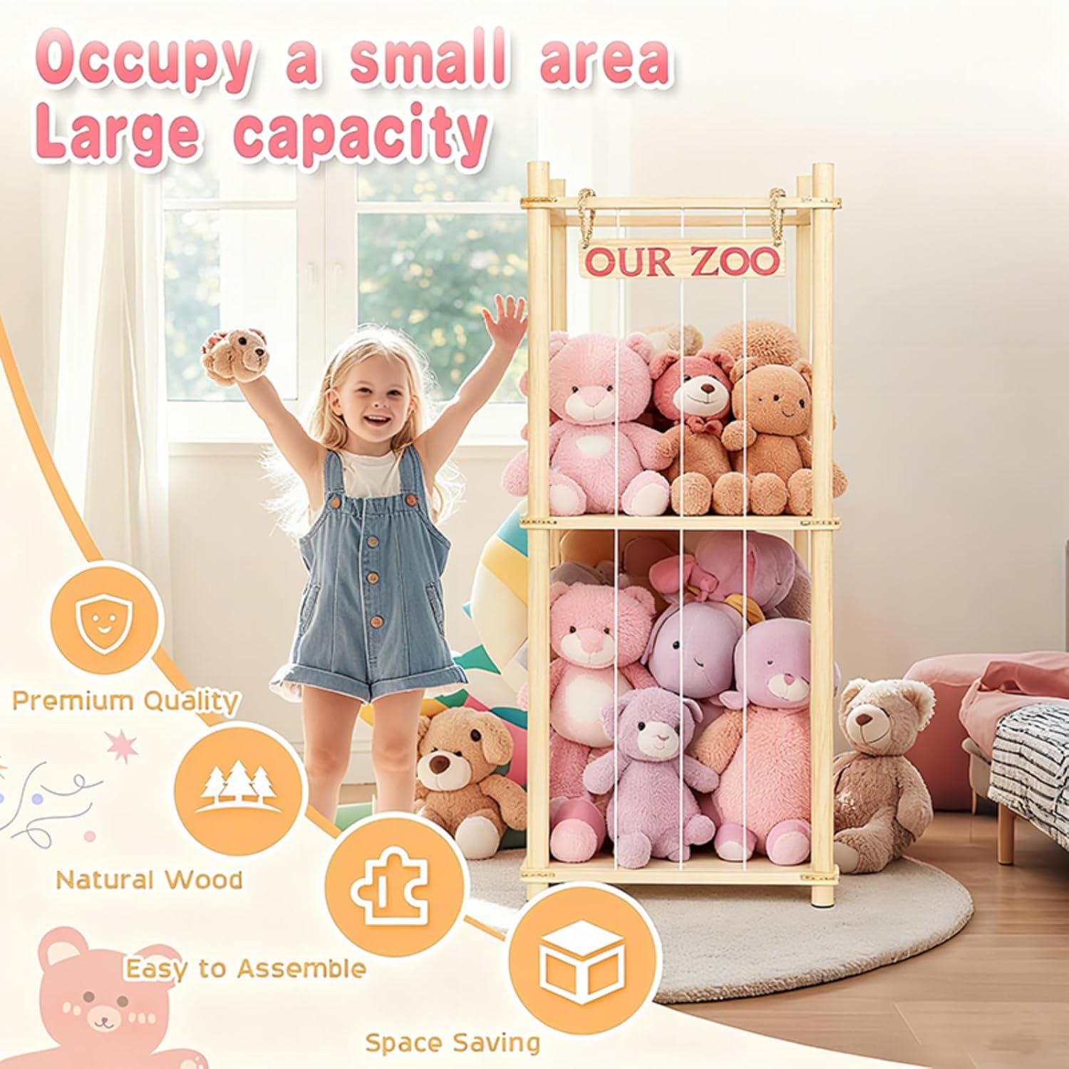 Stuffed Animal Storage - Tall Natural Pine Wood Stuffed Animal Zoo Storage with Elastic Cords, Space-Saving Plushie Playhouse for Nursery, Playroom, Kids Bedroom - Image 4