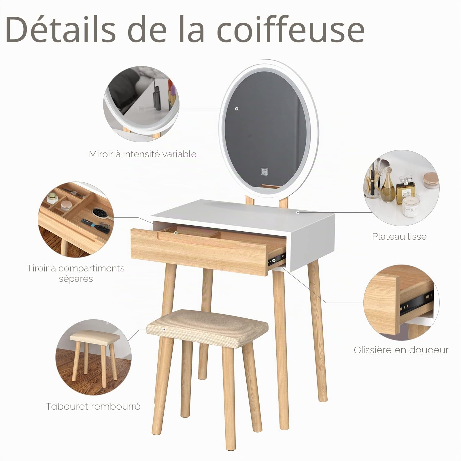 YU YUSING Petite Coiffeuse LED 60 cm Largeur avec Miroir Ovale et Tabouret, 3 Couleurs, Lumière Dimmable, Table de Maquillage avec Rangement, Tiroir Coulissant, en Bois, Gain de Place, Couleur Bois