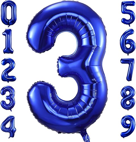 Globos azul marino con el número 3, globos digitales de número 3 de 40 pulgadas, color azul oscuro, globos digitales grandes de Mylar para fiesta de
