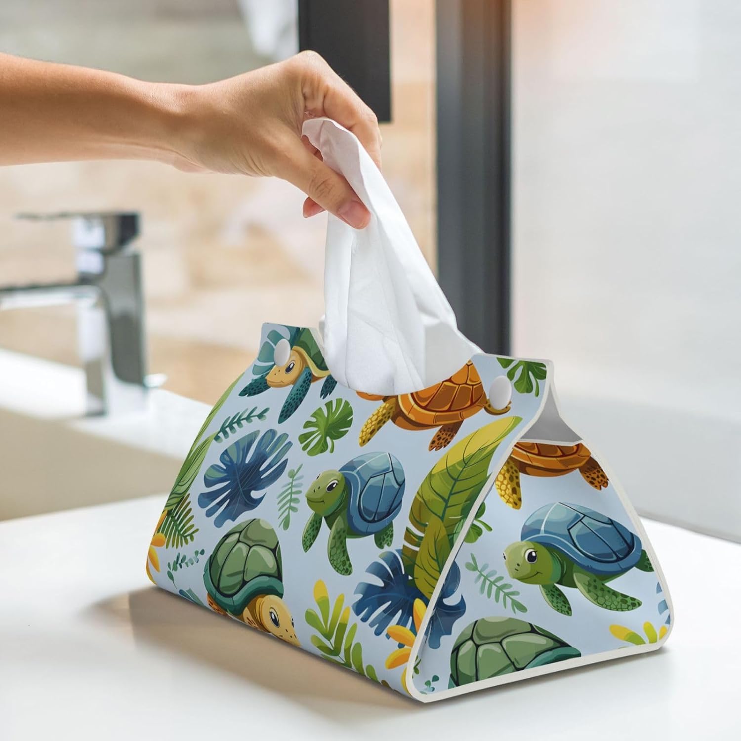Cute Turtle Leaf Pattern Rectangle Tissue Box Cover Rectangular Tissues Boxes Cover Decorative Tissue Case Paper Holder Organizer Long Leather Tissue Case Box Cover for Bedroom Dining Office Desk image 3