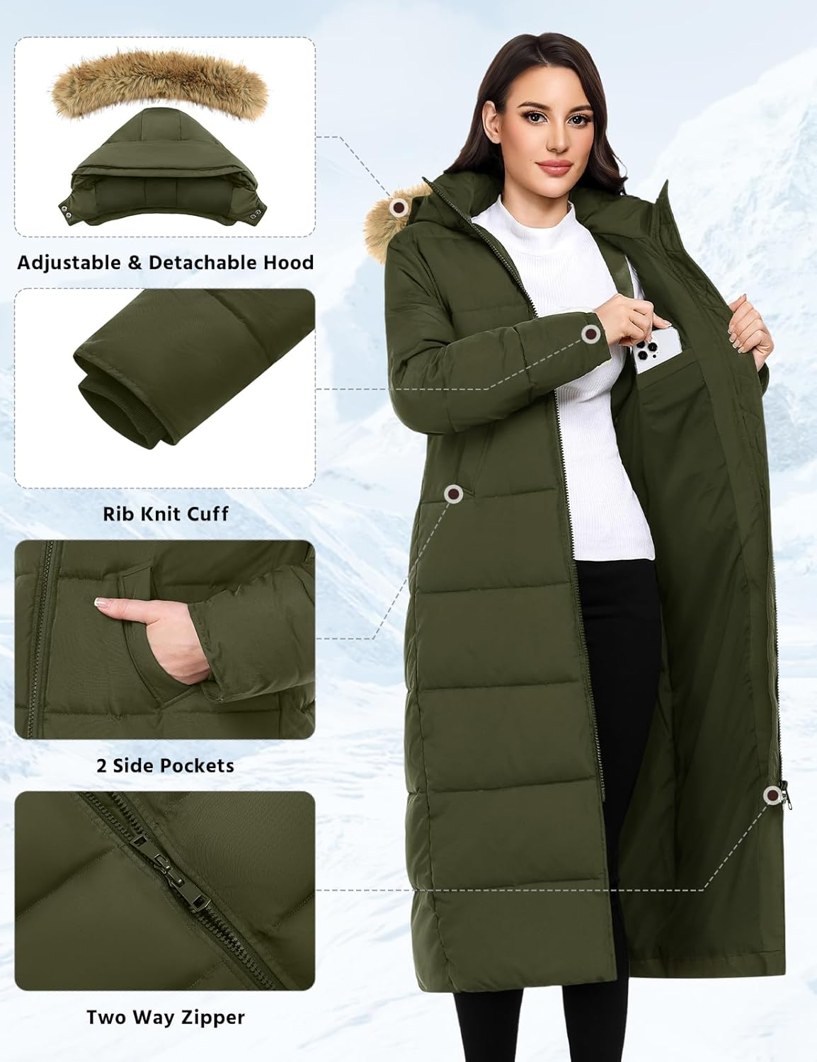 Long Winter Puffer Coat for Women Winter Faux Fur Quilted Jackets with Detachable Hood Maxi Length Zip Outerwear - Image 3