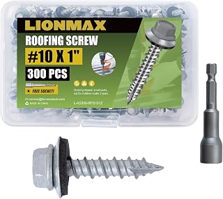 LIONMAX 300-PCS Metal Roofing Screws #10 × 1 Inch, Rustproof Coating Hex Head Sheet Metal to Wood Siding Screw with Rubber Washer, Sharp Point, Hex Socket Included