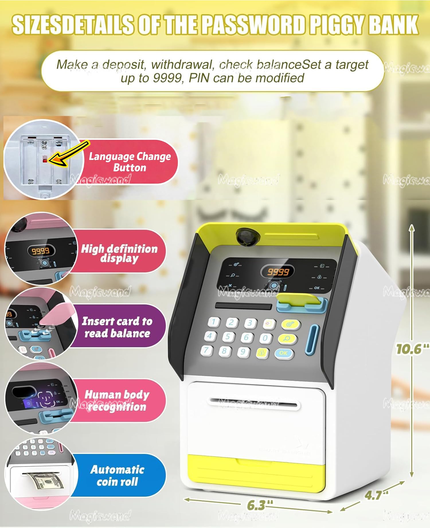 Magicwand FACE Recognition Musical Money Safe Kids Piggy Savings Bank with Personal ATM Card【Yellow】【Pack of 1】 — Amazon image 2