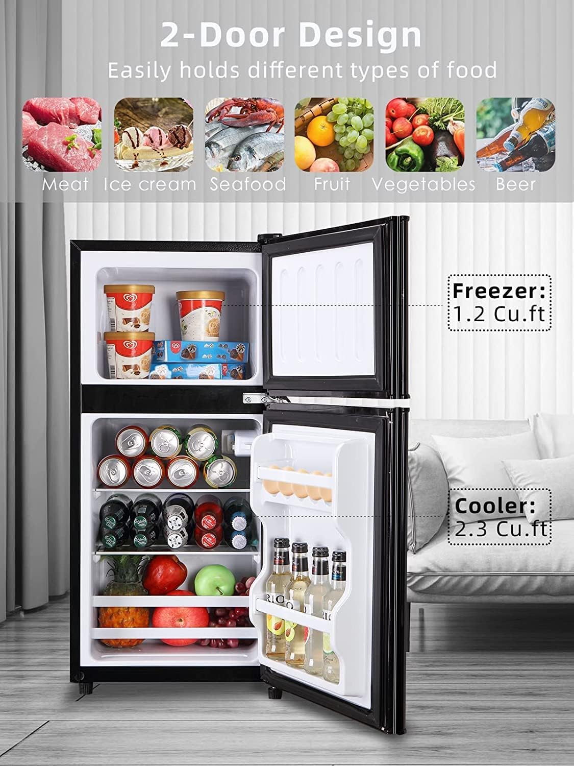 Refrigerator with Freezer 3.5 Cu.Ft with 7 Level Adjustable Thermostat Control 2 Door Energy Saving Top-Freezer Compact Refrigerator Wood